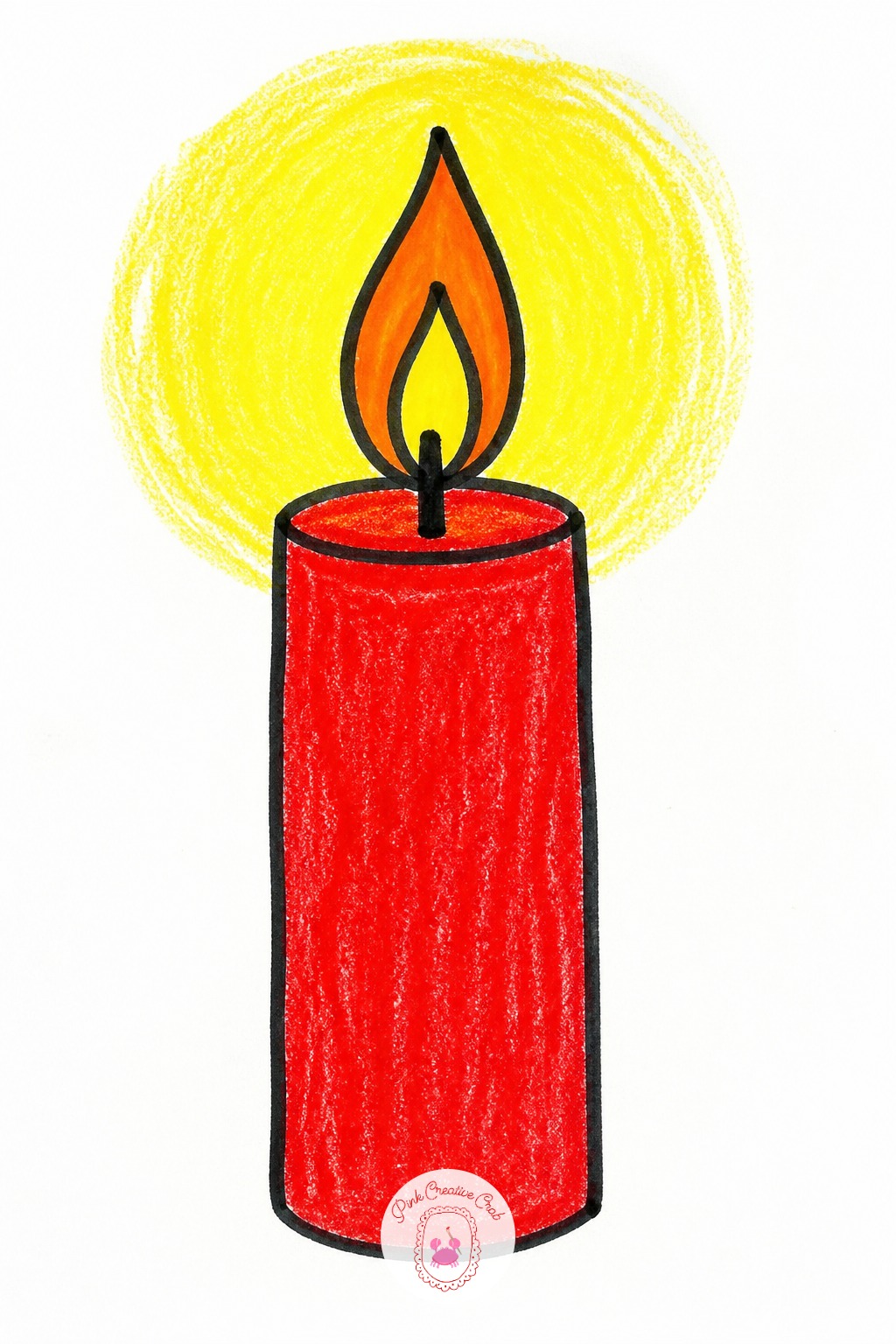 Lit Christmas Candle — Switch to orange and yellow crayon for the flame and keep the candle body in a single solid color drawn with a marker outline, since the