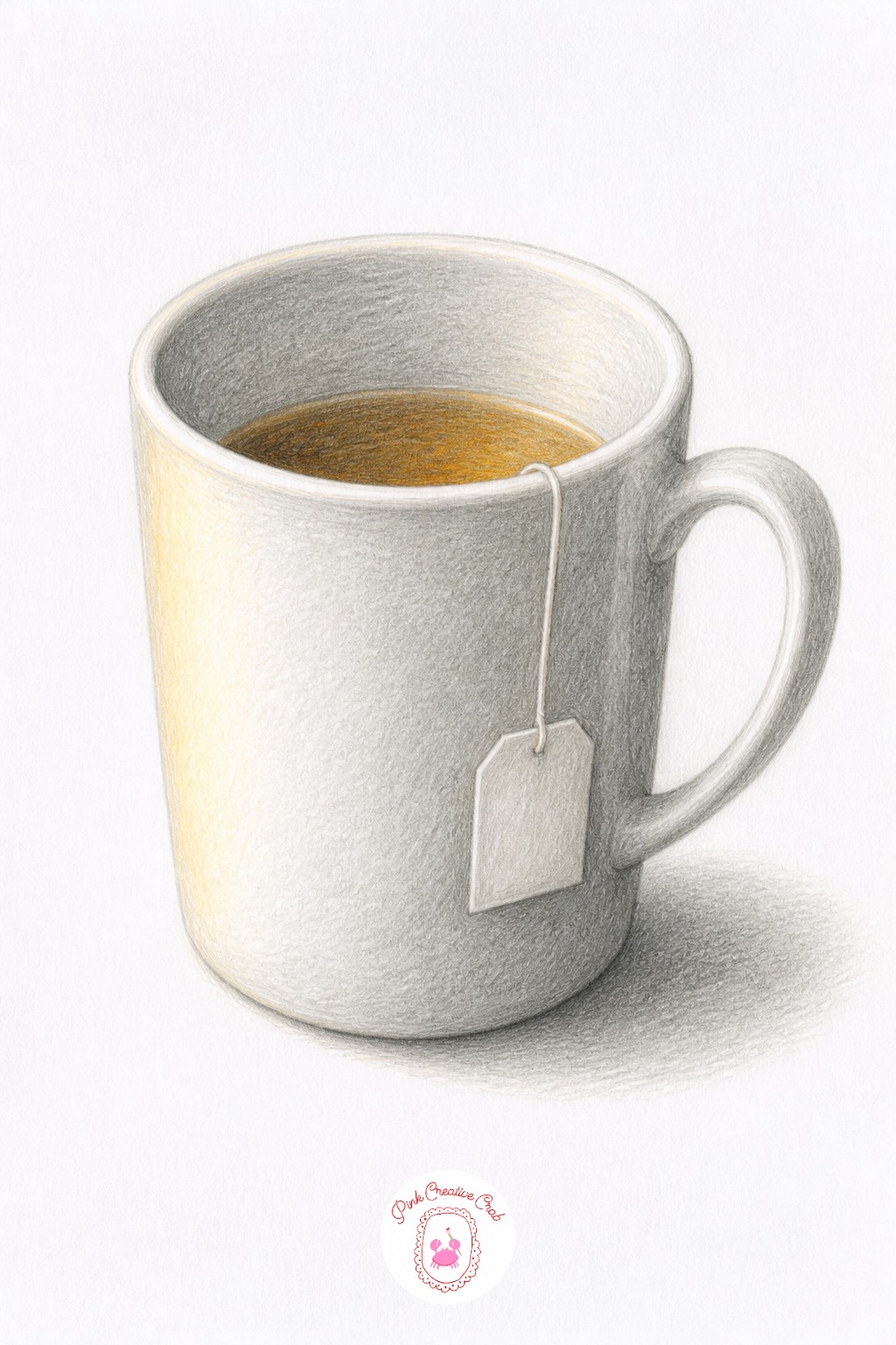White Mug With Tea Bag String — Set the mug below your own eye level, on a low table or stool, so the opening reads as a wide oval rather than a flat line.