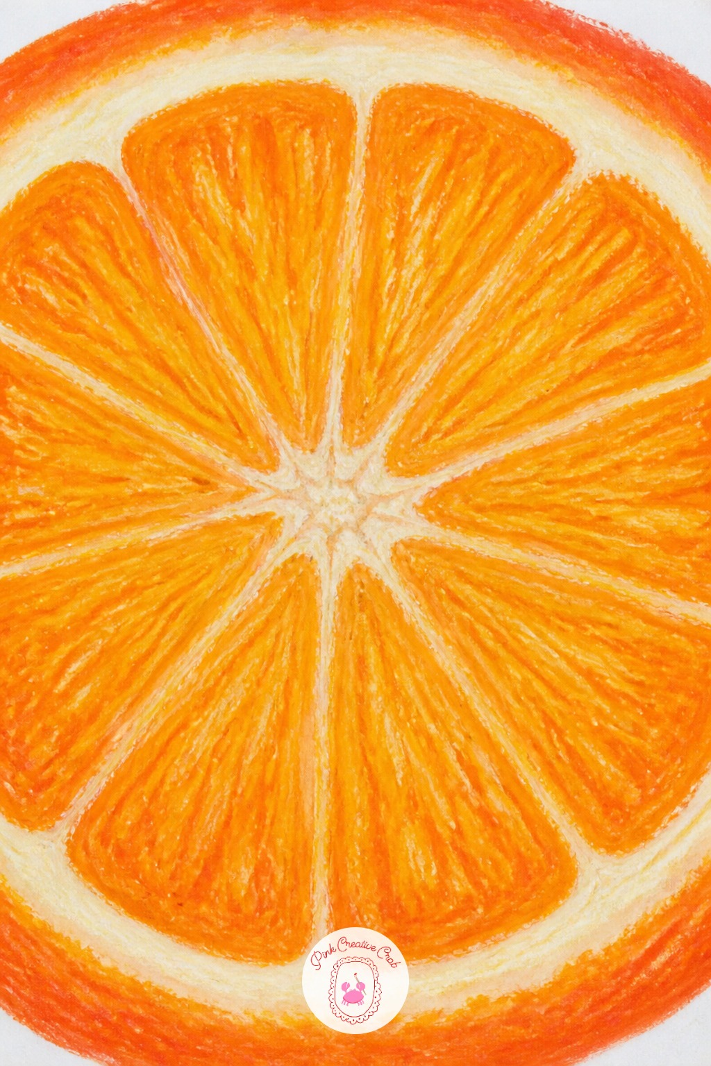 Orange Slice Close Up — Draw the outer circle first, then halve it twice with light pencil lines so eight wedges sit evenly before any orange touches the