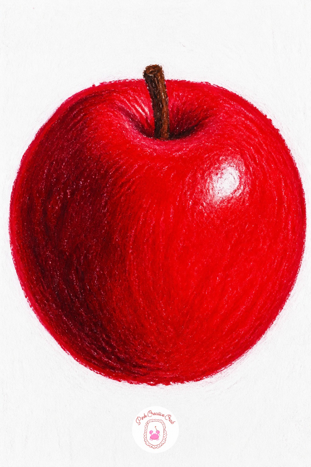 Single Red Apple — Block in the rounded body first with cadmium red pressed hard, leaving a pale gap near the top for the highlight. Oil pastel drawing ideas