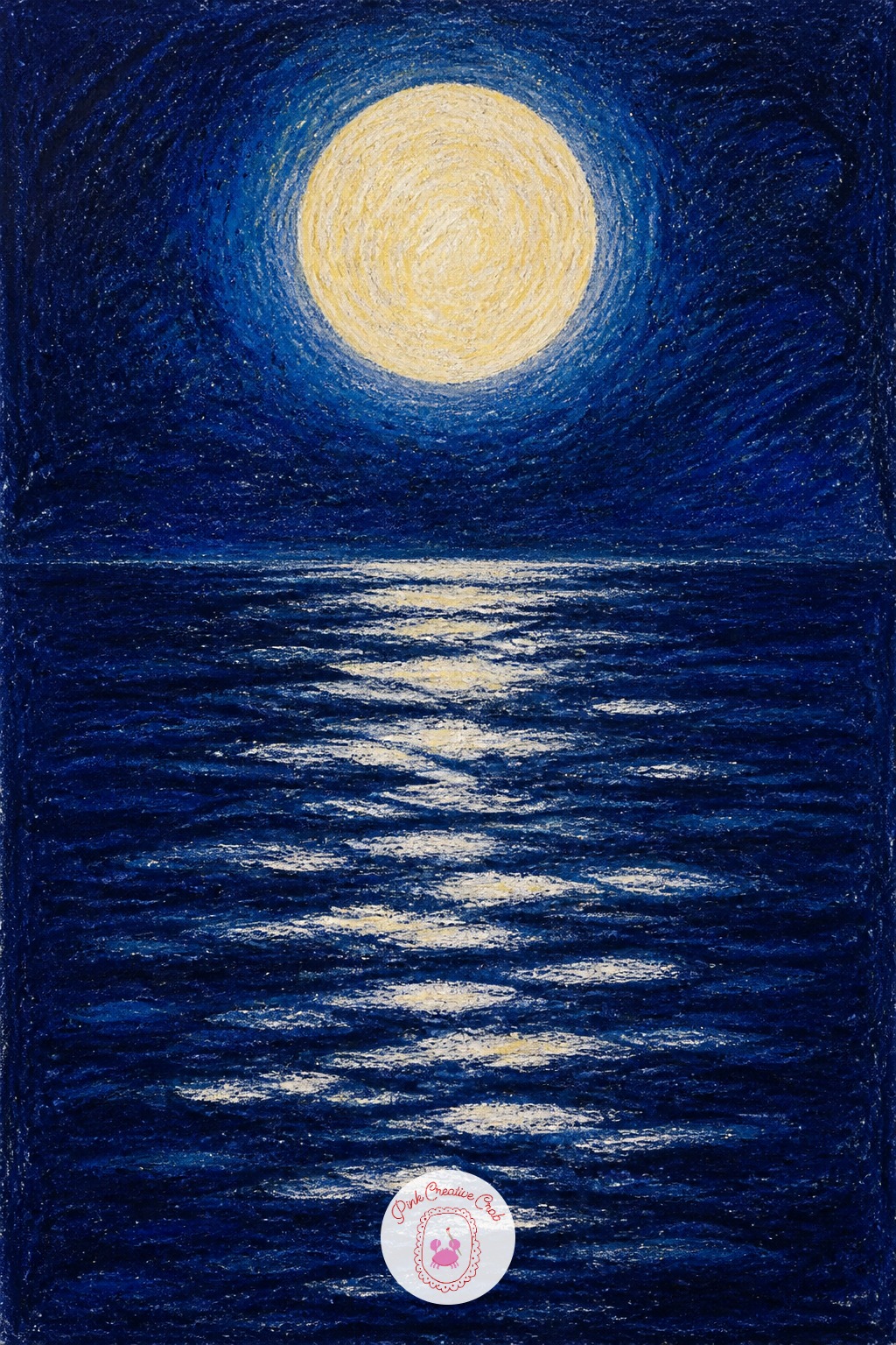 Full Moon Over Water — Lay pale yellow and white side by side for the moon, then blend with a finger in one direction only to keep the round edge crisp rather