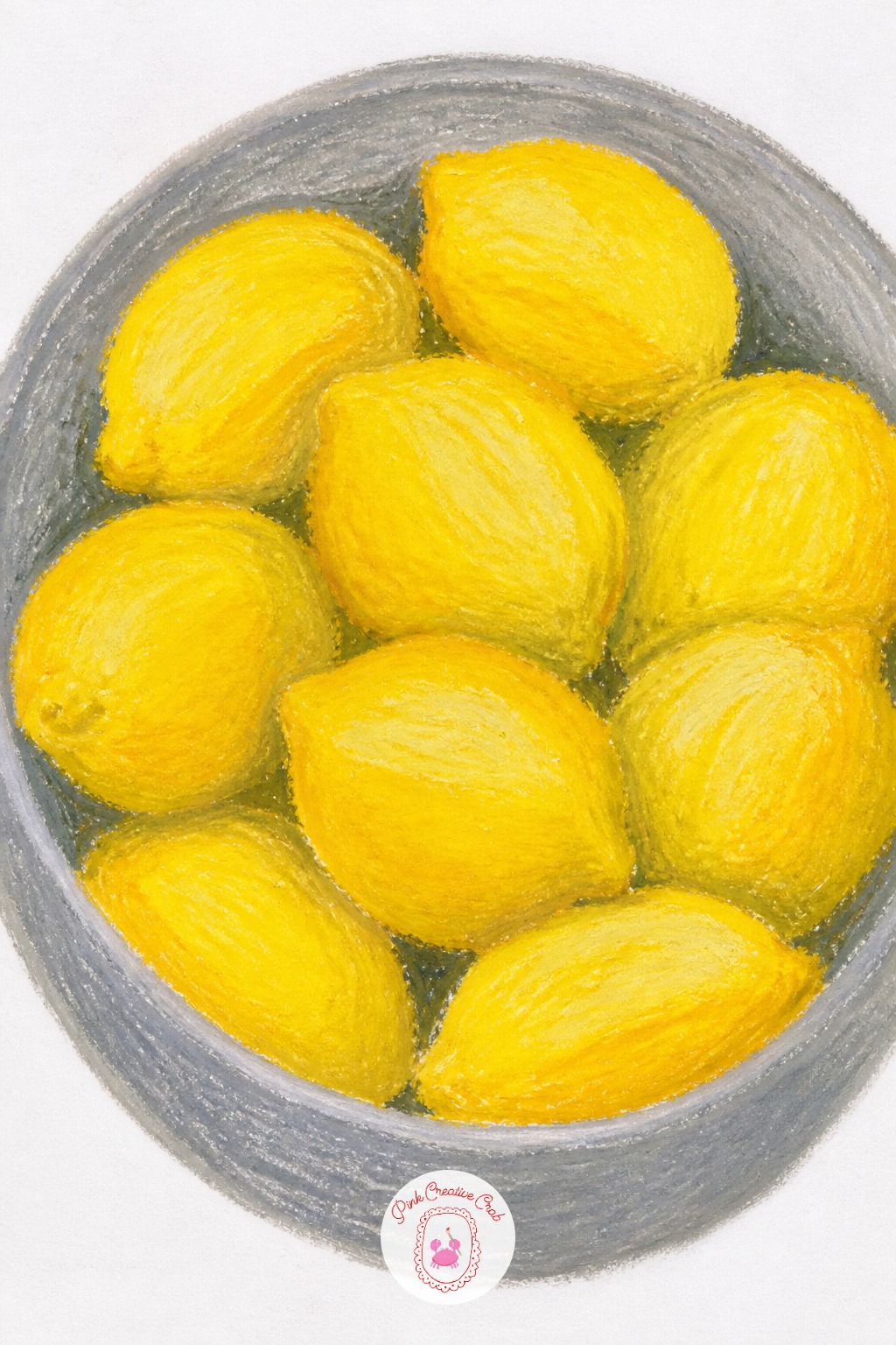 Bowl of Lemons — The common slip with a bowl of fruit is coloring every lemon the exact same yellow, so the group reads flat instead of round. Oil pastel