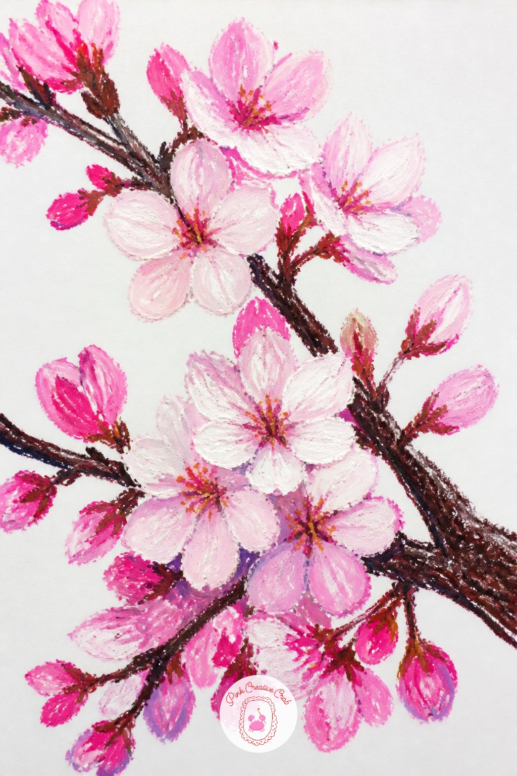 Cherry Blossom Branch — Press small dabs of pale pink and white with the pastel tip rather than dragging it, so each blossom stays a soft round cluster instead