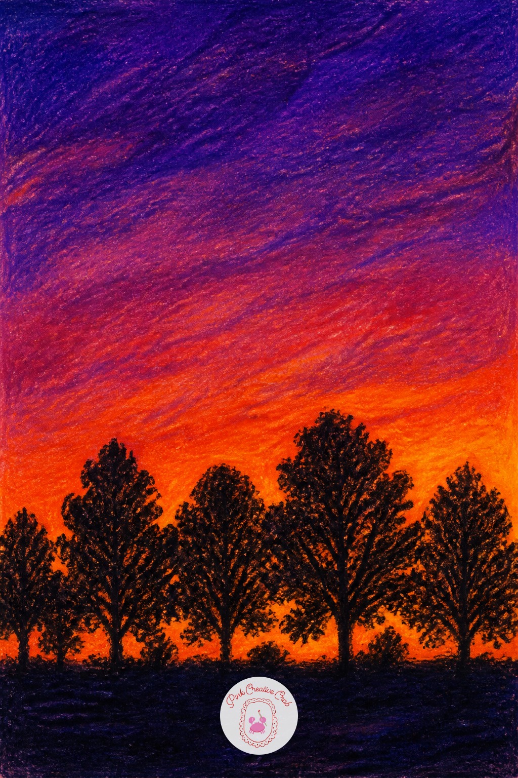 Row of Trees at Dusk — Ten minutes covers a simple row of dark tree silhouettes in near black or deep green against a two tone sky of orange and purple blended