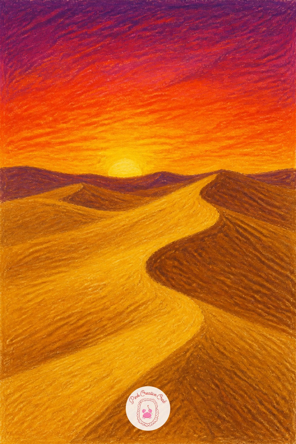 Desert Dunes at Sunset — The side of the pastel stick, not the tip, covers these broad curved dunes fastest and keeps the strokes following the sand's natural