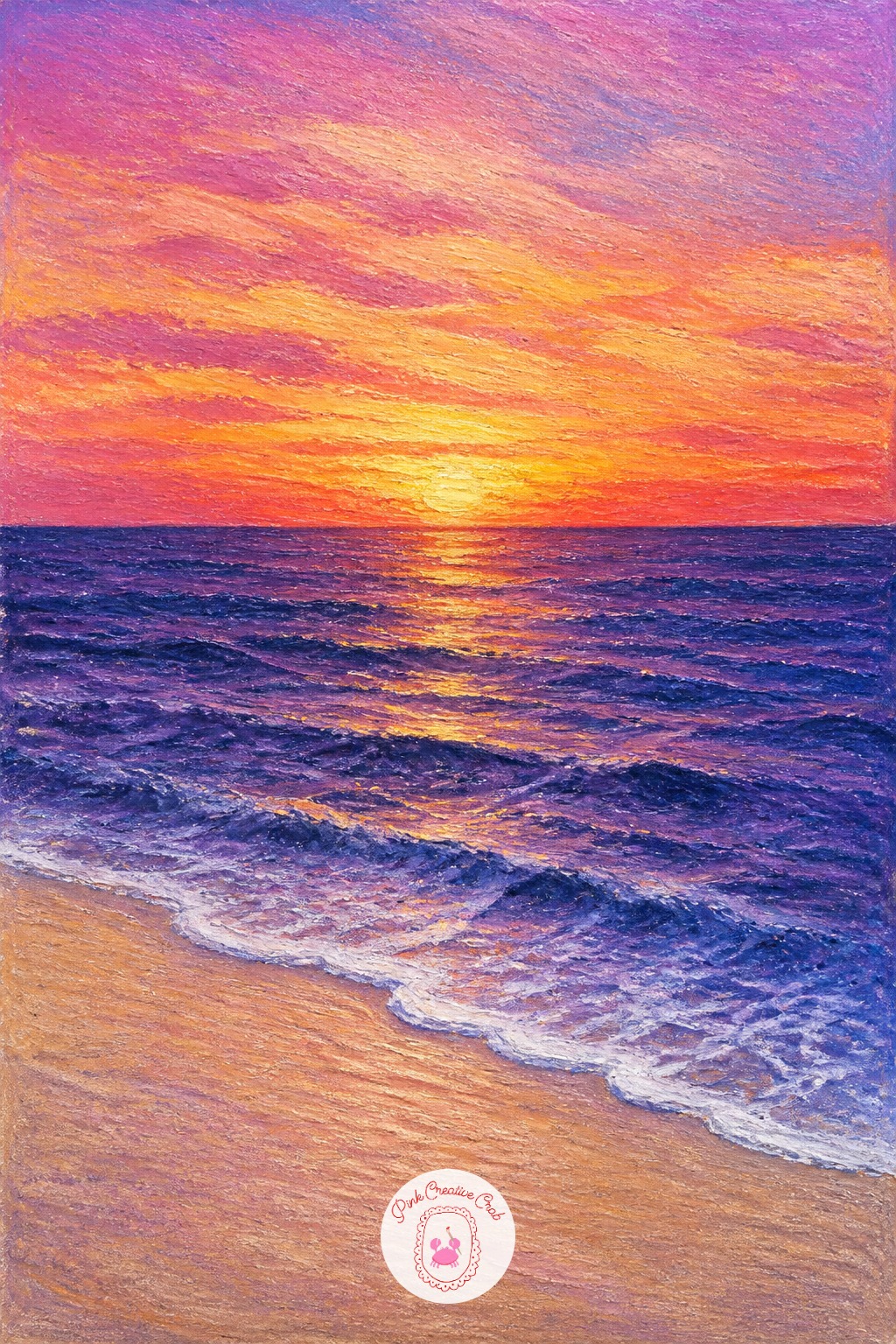 Beach at Sunset with Waves — Begin with the horizon line, a single confident stroke dividing sky from sea, placed slightly above center so the sky gets the