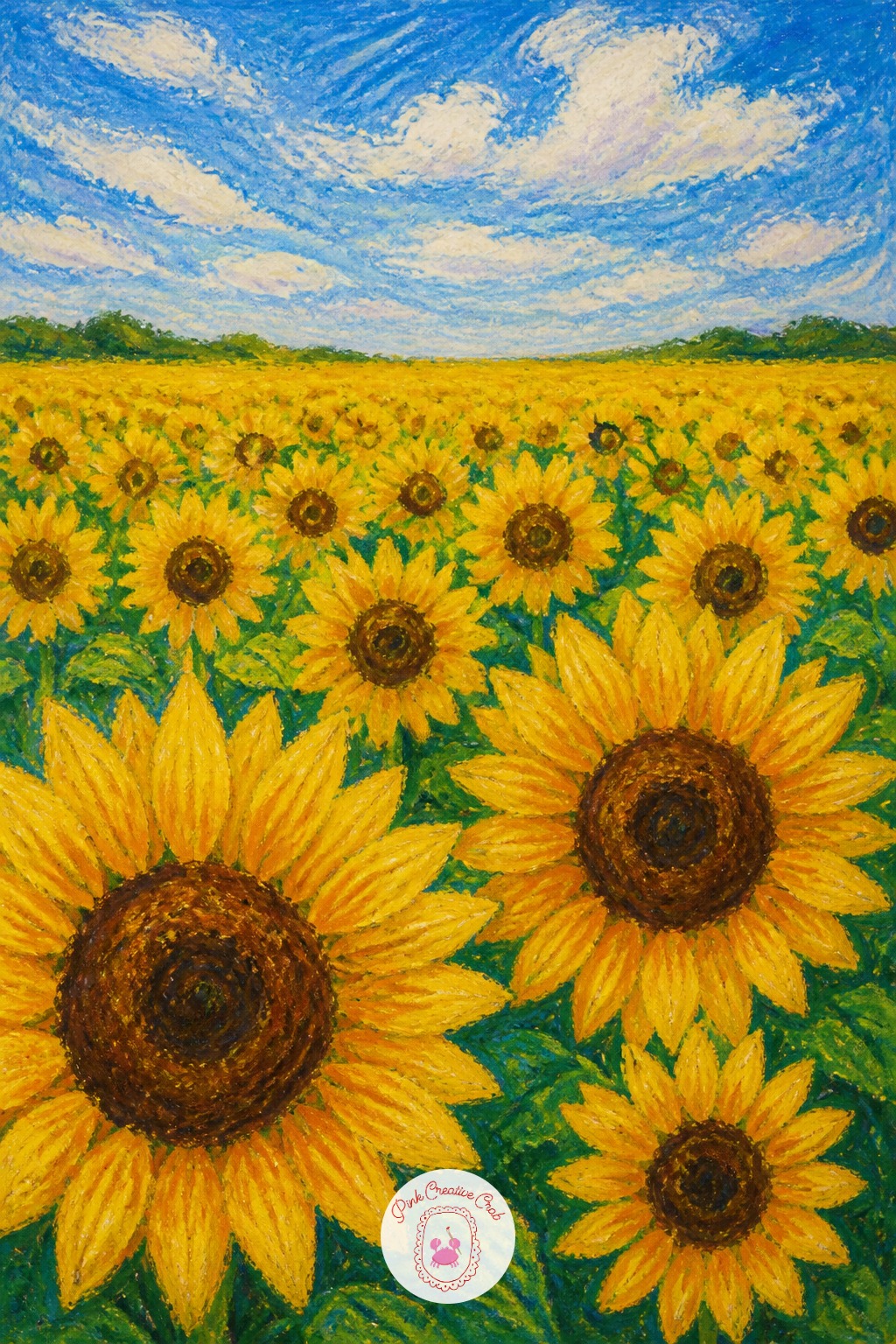 Sunflower Field — Space the flower heads unevenly across the page, larger and more detailed in the front third, smaller and looser toward the back third, which