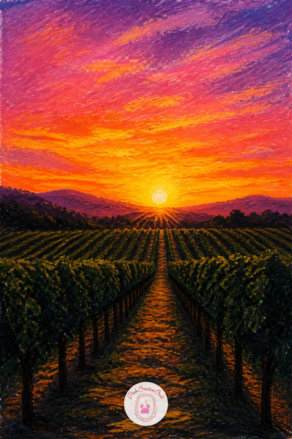 Vineyard at Sunset — Rows of vines run toward a low sunset, so give them a single vanishing point near the horizon and let each row get shorter and closer