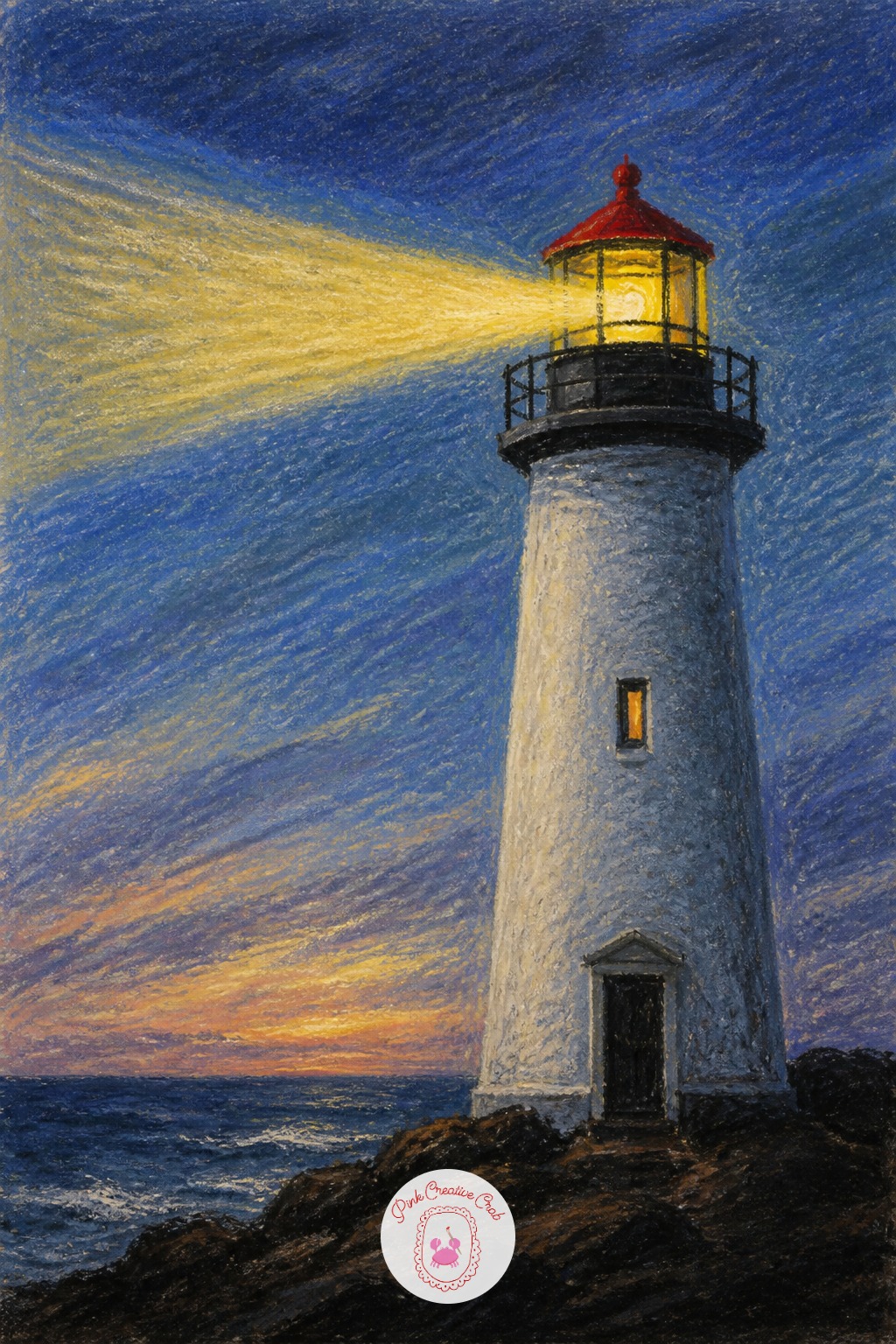 Lighthouse at Dusk — Common mistake: a hard white triangle beam that sits on top of the painting instead of glowing through it. Oil pastel drawing ideas