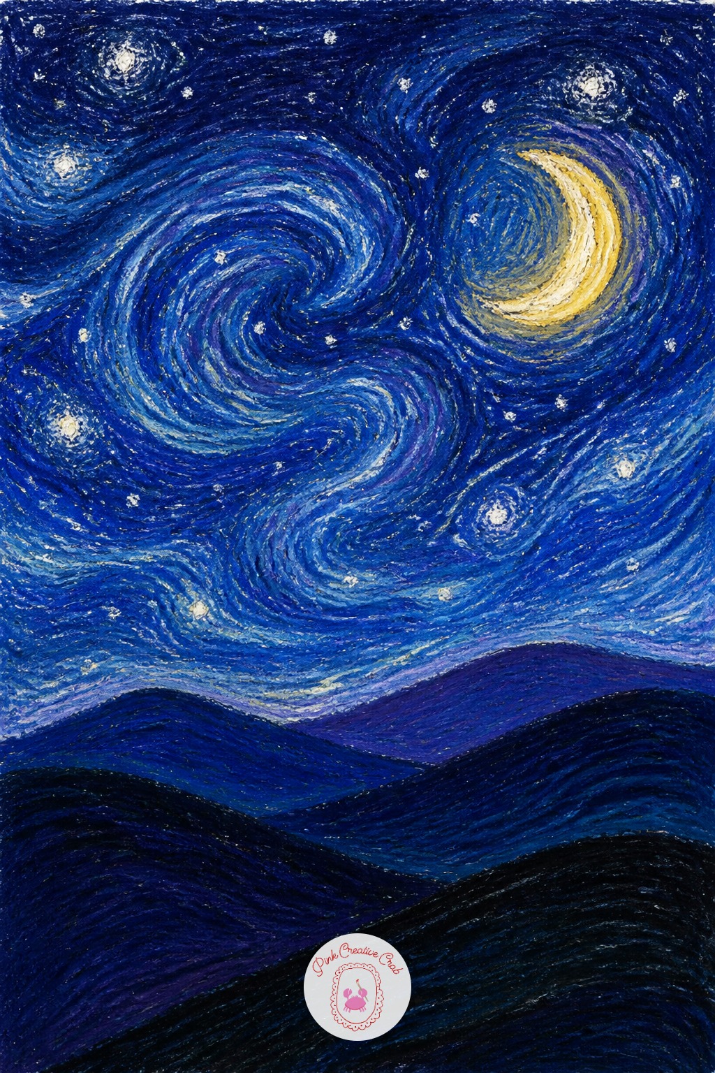 Starry Night Sky Over Hills — Ten minutes gives a simple deep blue sky dotted with white dabs of varying size for stars, over a rolling dark hill shape at the
