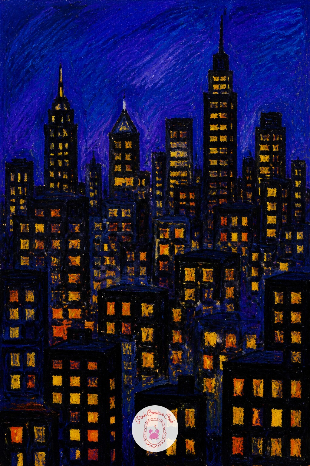 Night City with Glowing Windows — Fine point oil pastel, or just the corner of a regular stick used deliberately, makes the small glowing window squares that