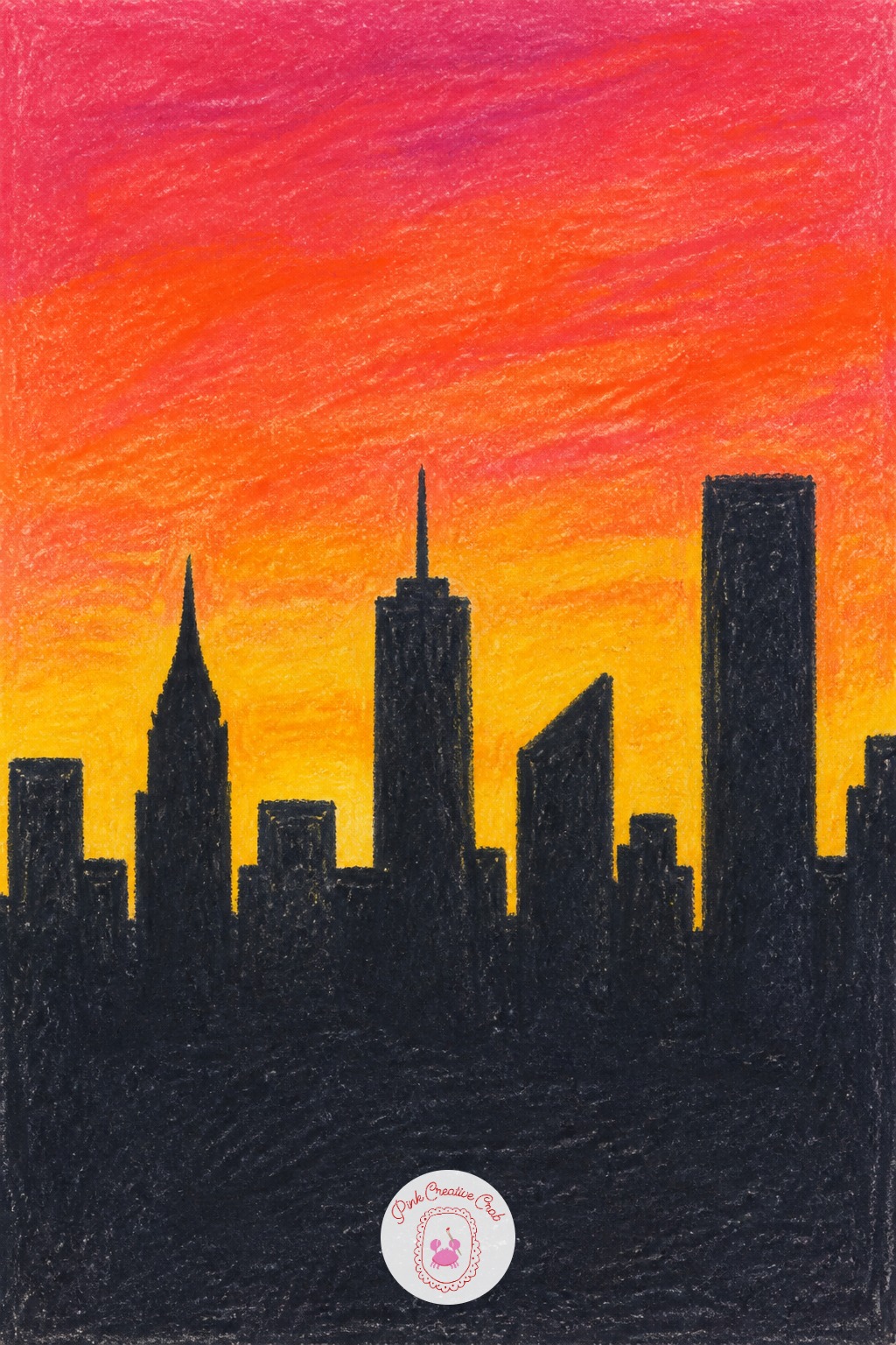 City Skyline Silhouette — Lay the sky first, a full gradient of color from warm near the horizon to cool higher up, since this background sets the mood for