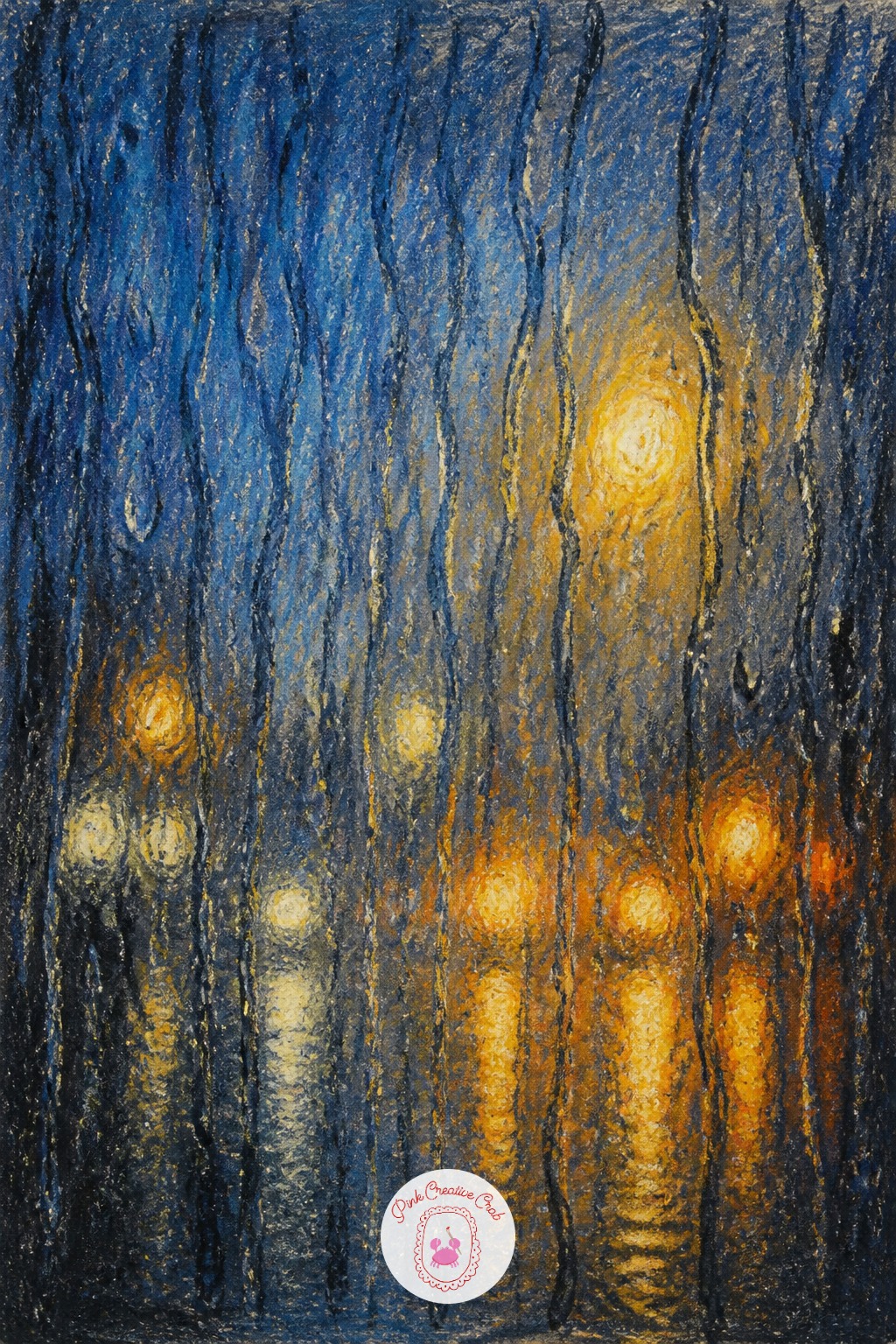 Rainy Window with Lights — Divide the page roughly in half: the window frame and glass take up most of the space, with only a thin strip of blurred outdoor