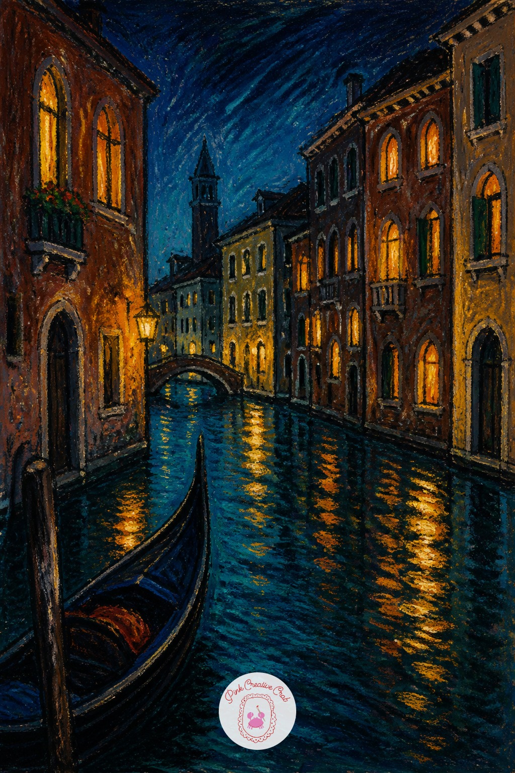 Venetian Canal at Night — Set the eye level low, close to the water's surface, since canals are viewed from a boat or a bridge at roughly that height, not from