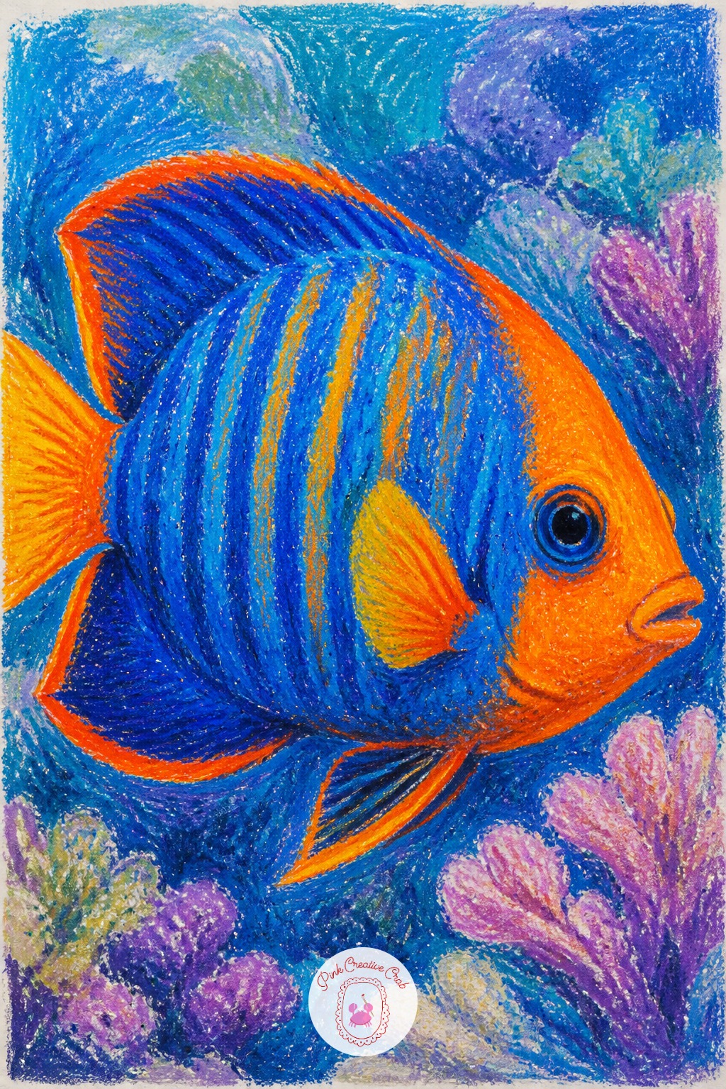 Coral Reef Fish — Scales and fins need short overlapping strokes rather than one smooth shape, so load the stick with color and press small curved marks in