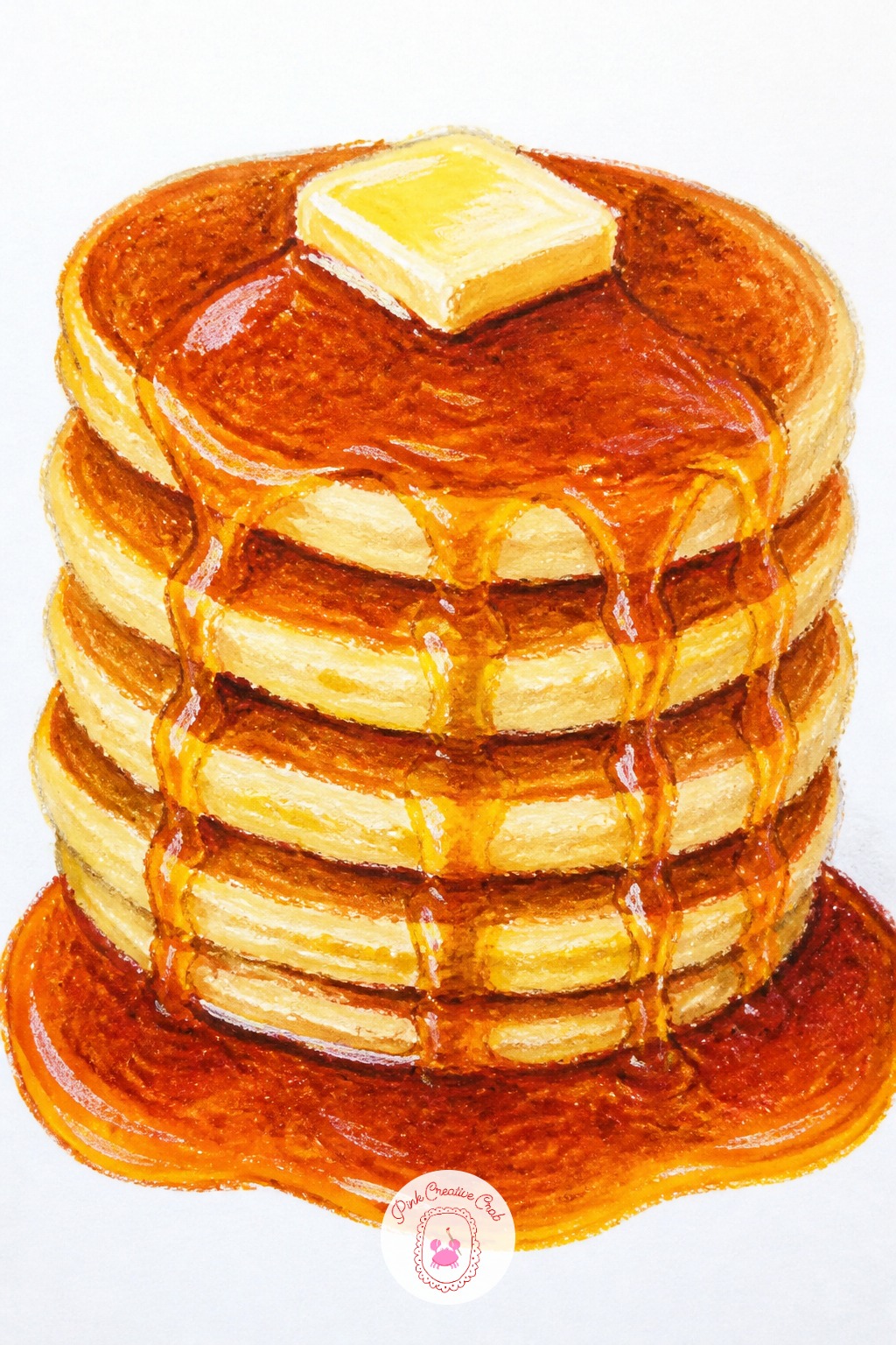 Stack of Pancakes with Syrup — The usual mistake with a stack is drawing every pancake as a flat oval with no thickness, so the stack reads as a pile of coins