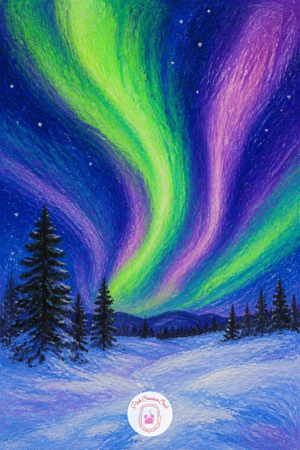 Northern Lights Over Snow — Ten minutes covers a simple curtain of green light sweeping across a dark sky, blended in one direction over a plain white and pale