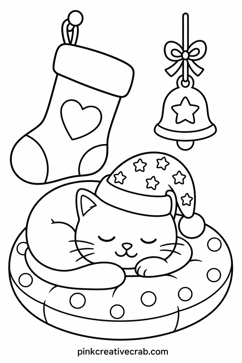 Pajama Cat Nap printable page — Fine-tip markers or gel pens hold the clean edge of this little nap scene best, especially on the curled tail and the