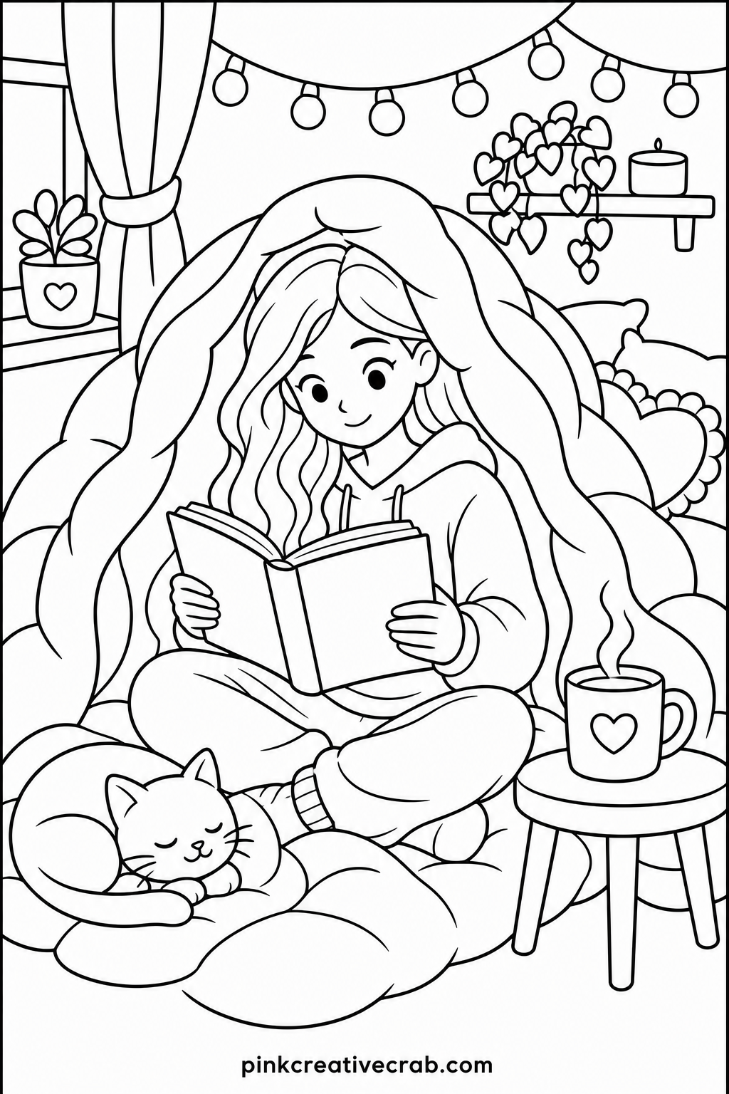 Girl Reading Under Quilt printable page — Soft scenes like this one suit teens who want a slow colouring session rather than a quick fill-in, since the thick