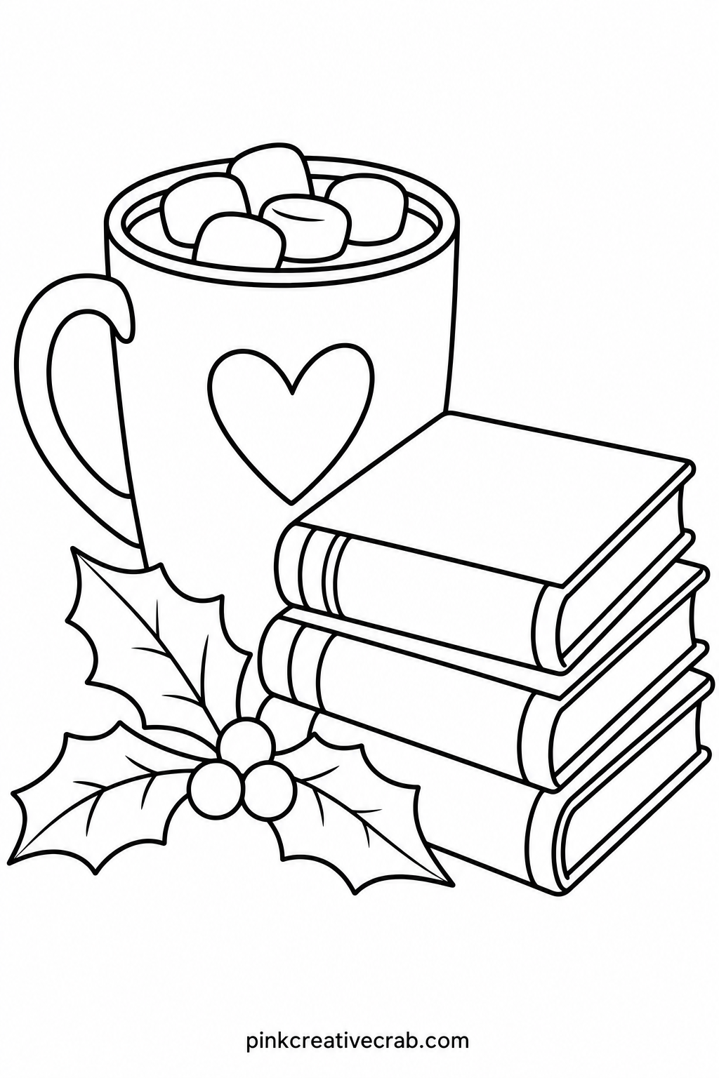 Mug And Book Stack printable page — Leaving the steam lines and the page edges pure white, rather than filling every space, is the trick that keeps this cozy