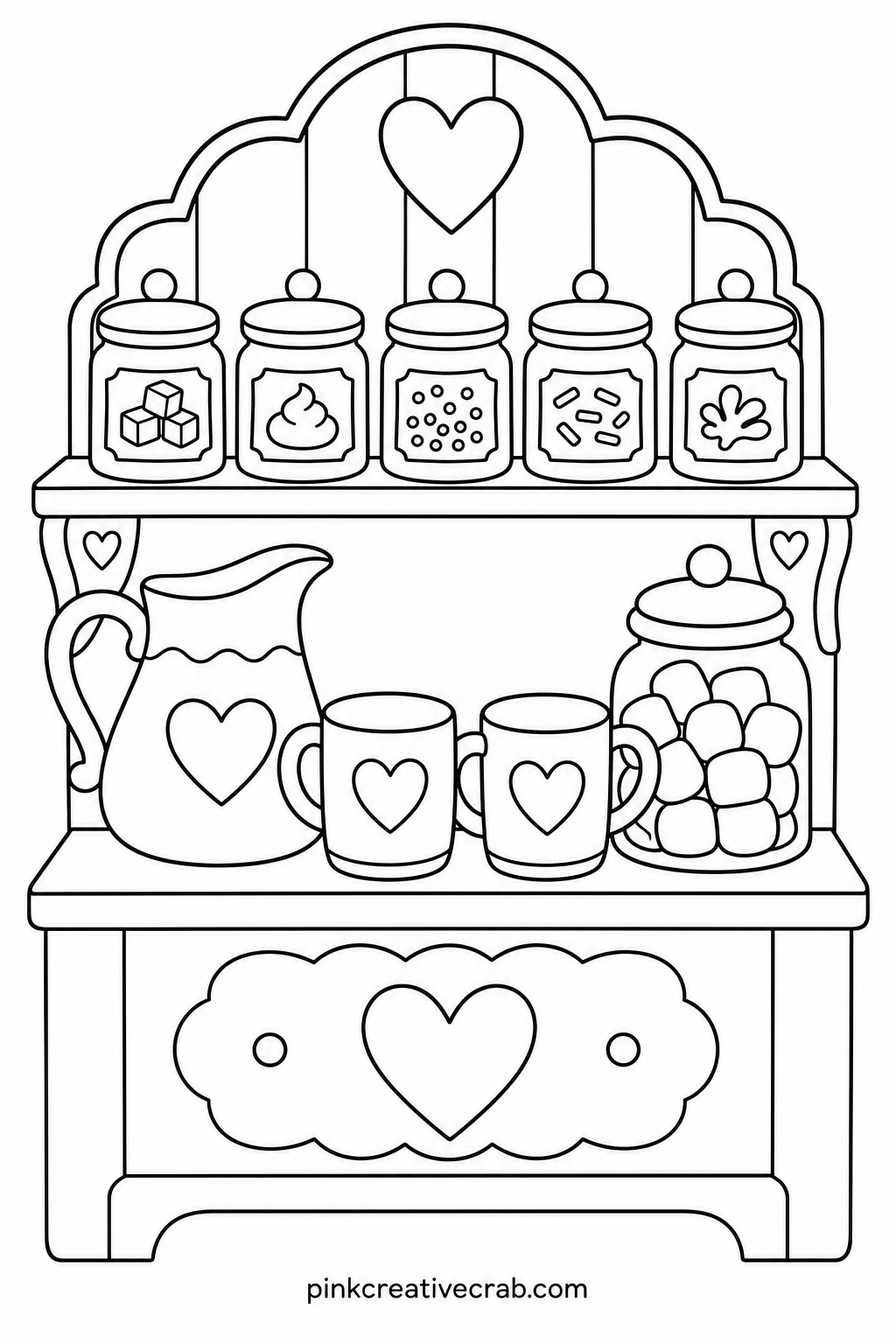 Cocoa Bar With Tiny Jars printable page — Once the jars and mugs are filled in, this cocoa bar scene works well trimmed down to fit inside a recipe binder or a
