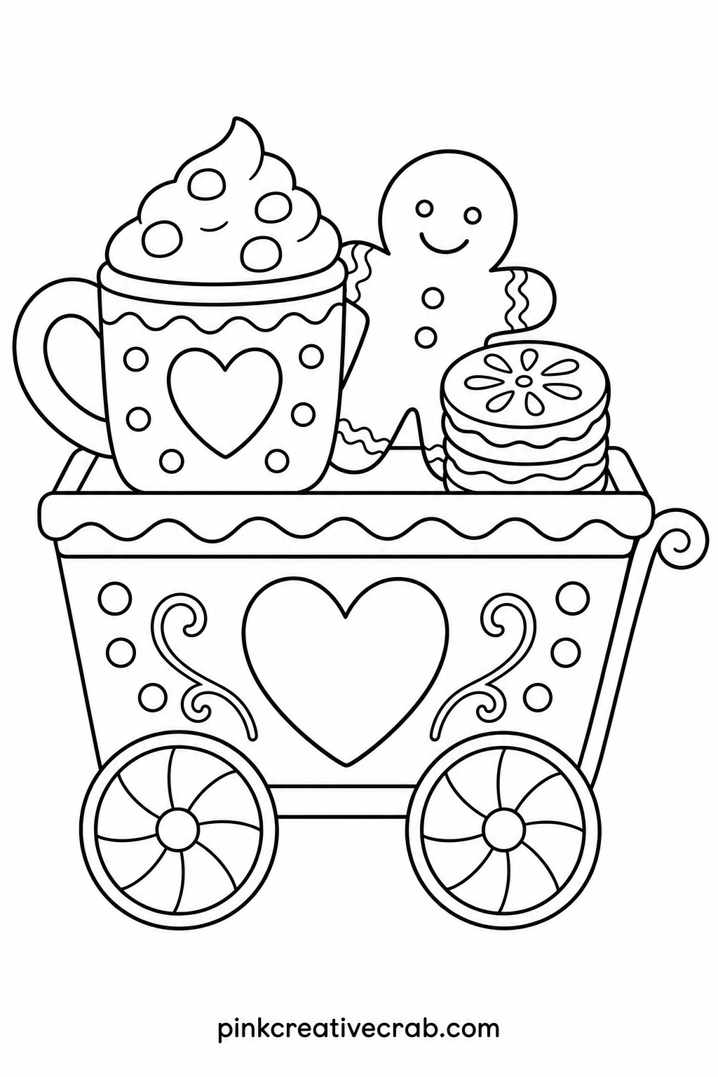 Gingerbread Mug Cart printable page — Pair this page with the cocoa bar scene so the two sheets sit side by side on a table, making a small matching set of