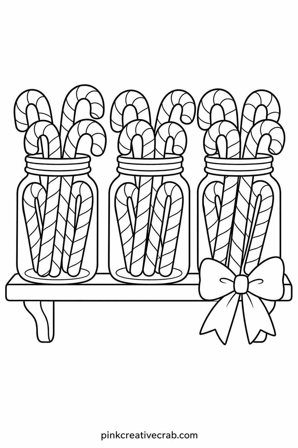 Candy Cane Jar Shelf printable page — Rushing the thin candy cane stripes is the most common slip on this sheet, since a shaky hand blurs the clean red and