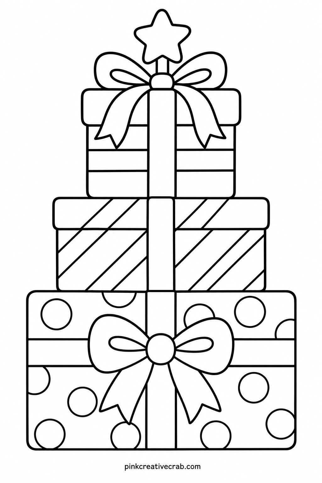 Wrapped Presents Stack printable page — Ask a child colouring alongside which present they think holds the best surprise, then let that guess decide which box
