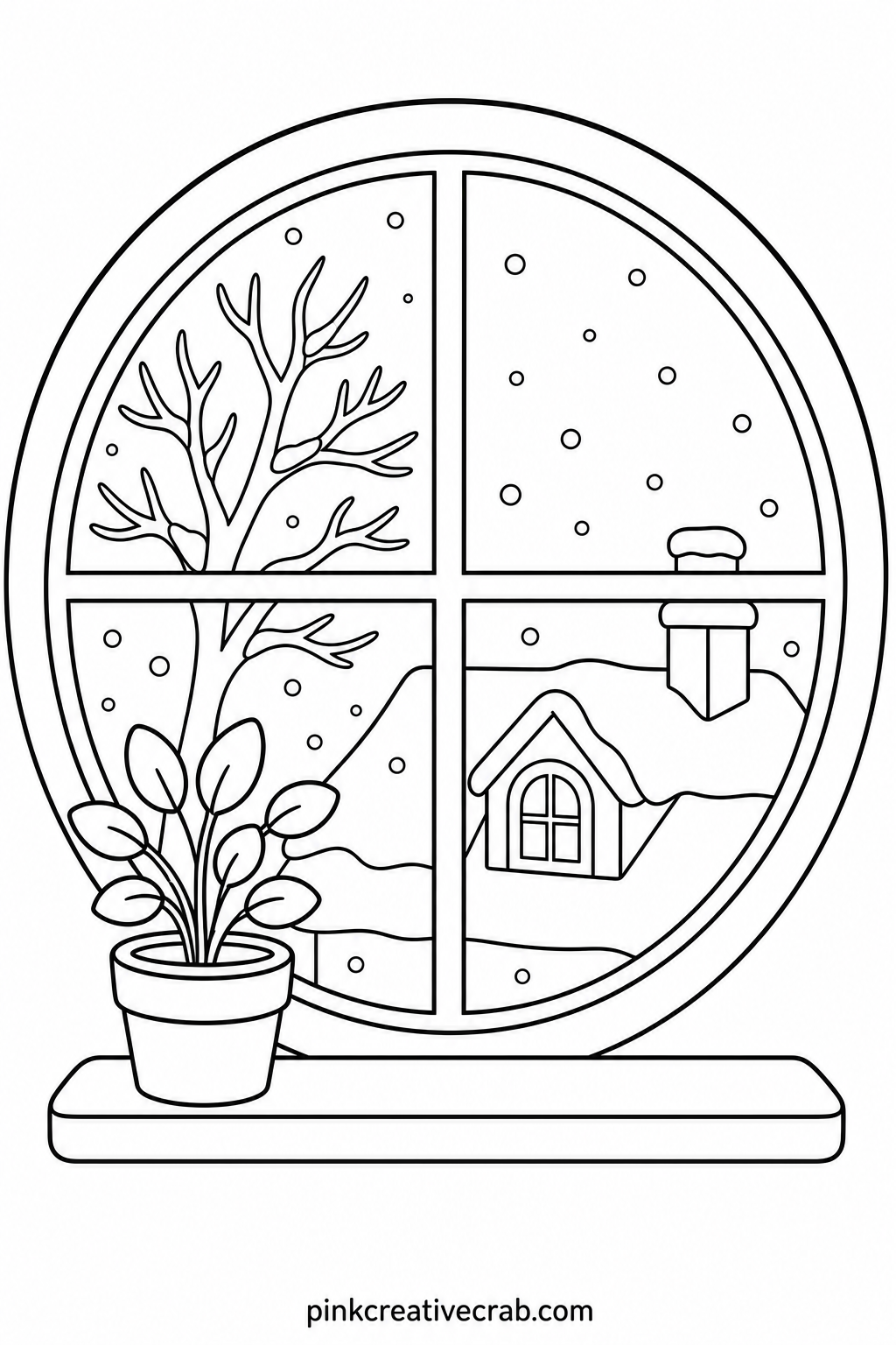 Snowy Window View printable page — Set this window scene next to the candle and pinecone page for a pair that reads as one quiet winter evening across two