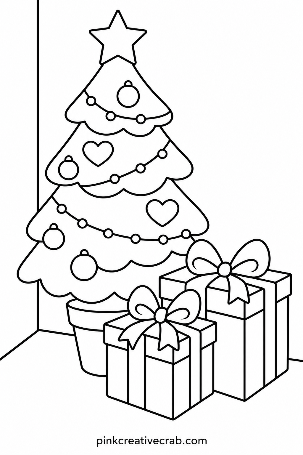 Little Christmas Tree Corner printable page — For a fast version, colour the tree itself fully and leave the small gift boxes underneath as plain white shapes