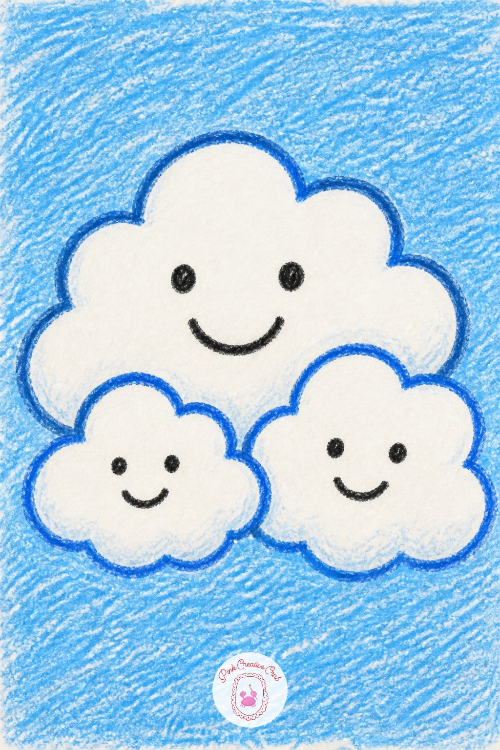 Happy Cloud Family — Start with the biggest cloud bump first, right in the middle of the paper, then add two smaller bumps on each side so the shape grows