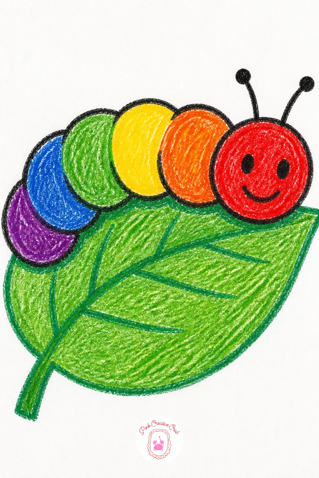 Fat Caterpillar on a Leaf — Six circles stacked in a gentle curve make a caterpillar that reads correctly to a four-year-old's eye, not three and not ten.