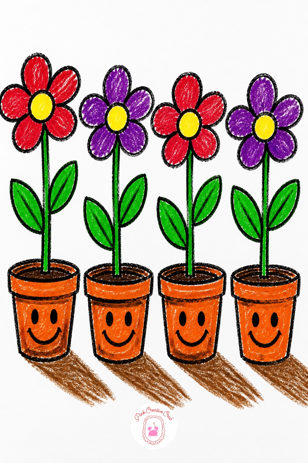 Smiling Flower Pot Row — Where does the sun sit in this picture. Crayon drawing ideas