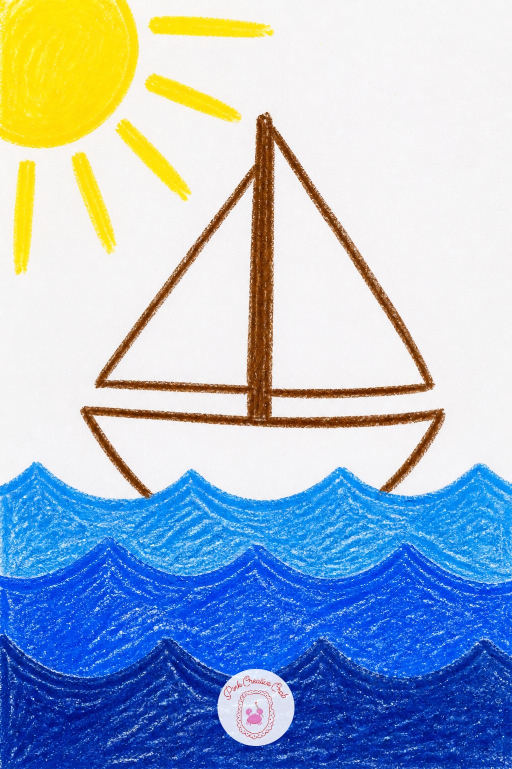 Simple Sailboat on Waves — Ten minutes covers a triangle sail, a rectangle boat and three wavy blue lines underneath, colored in fast with big crayon strokes.