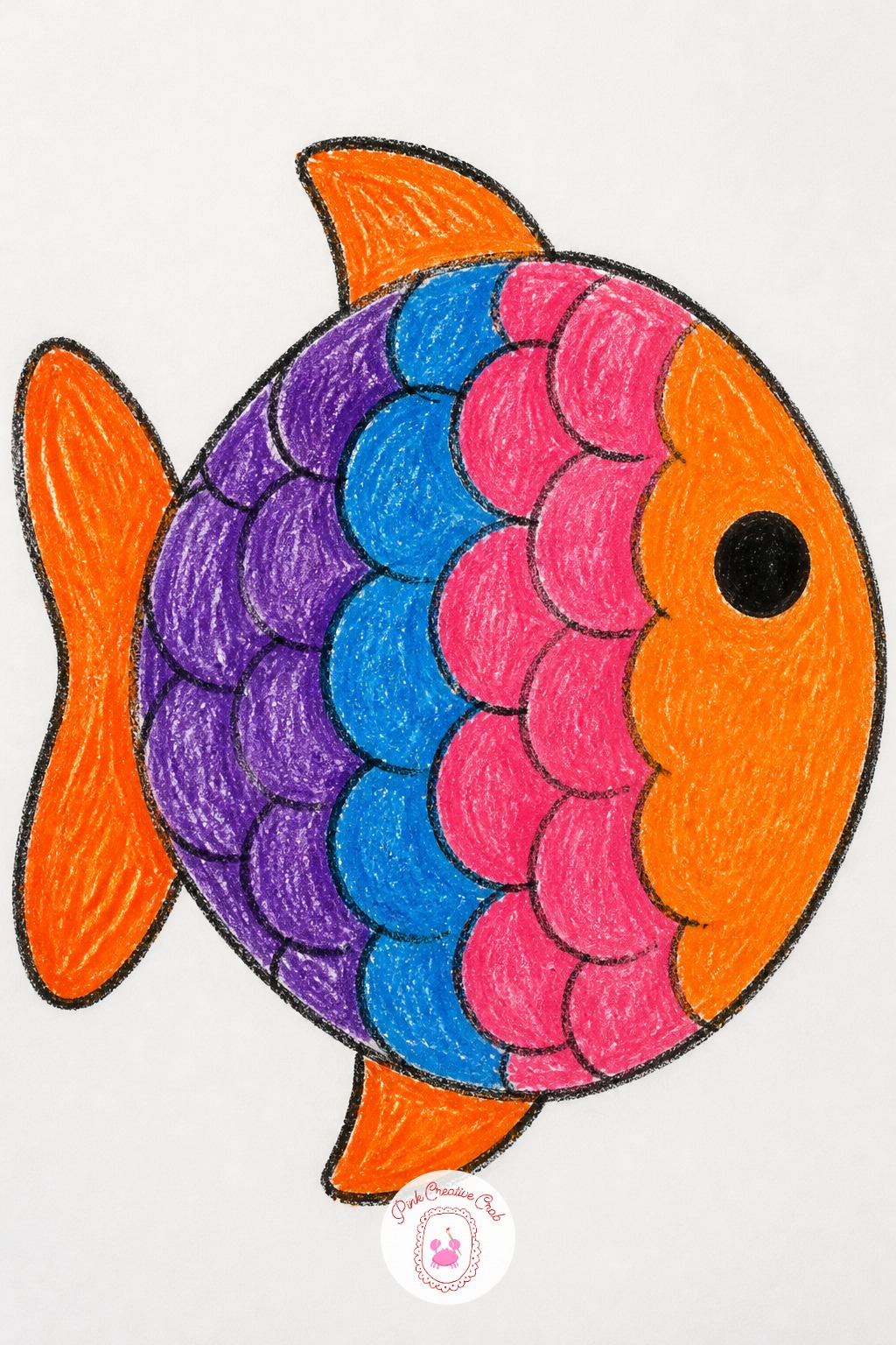 Rainbow Fish with Layered Scales — Draw the fish's whole outline first, a fat oval body with a triangle tail, before a single scale goes on, so the color stays