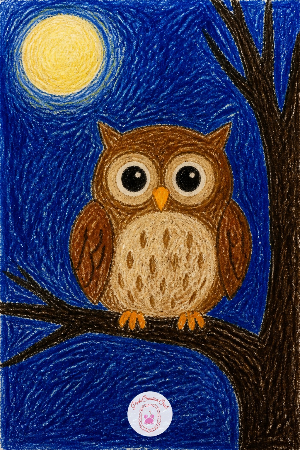 Nighttime Owl in a Tree — Set the moon in one corner of the paper and let it be the only light source, which means the owl's belly facing the moon stays pale