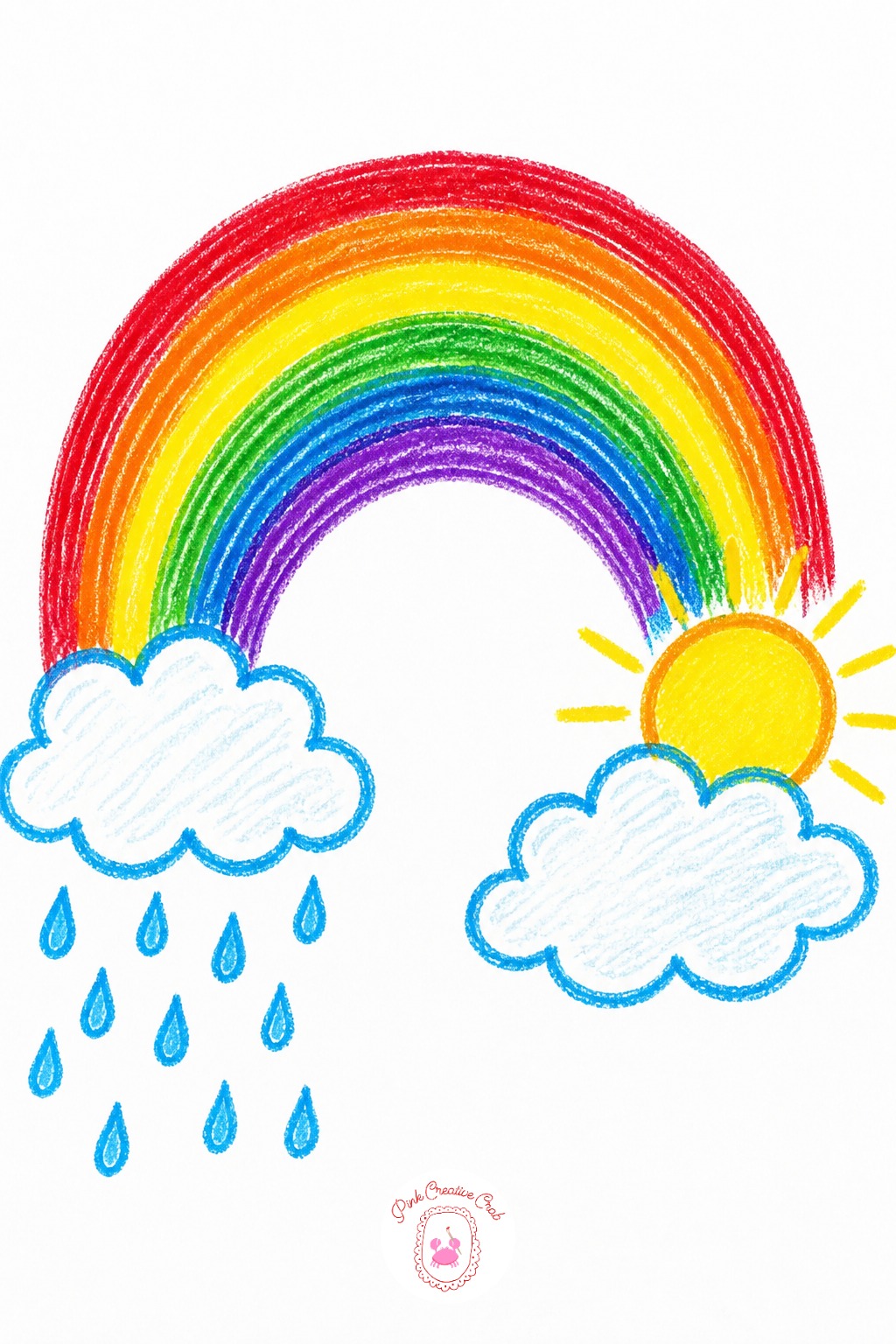 Rainbow Arc with Clouds — Ten minutes makes a simple arc: draw one curved line, then stack five more curved lines underneath it in rainbow order, red on the