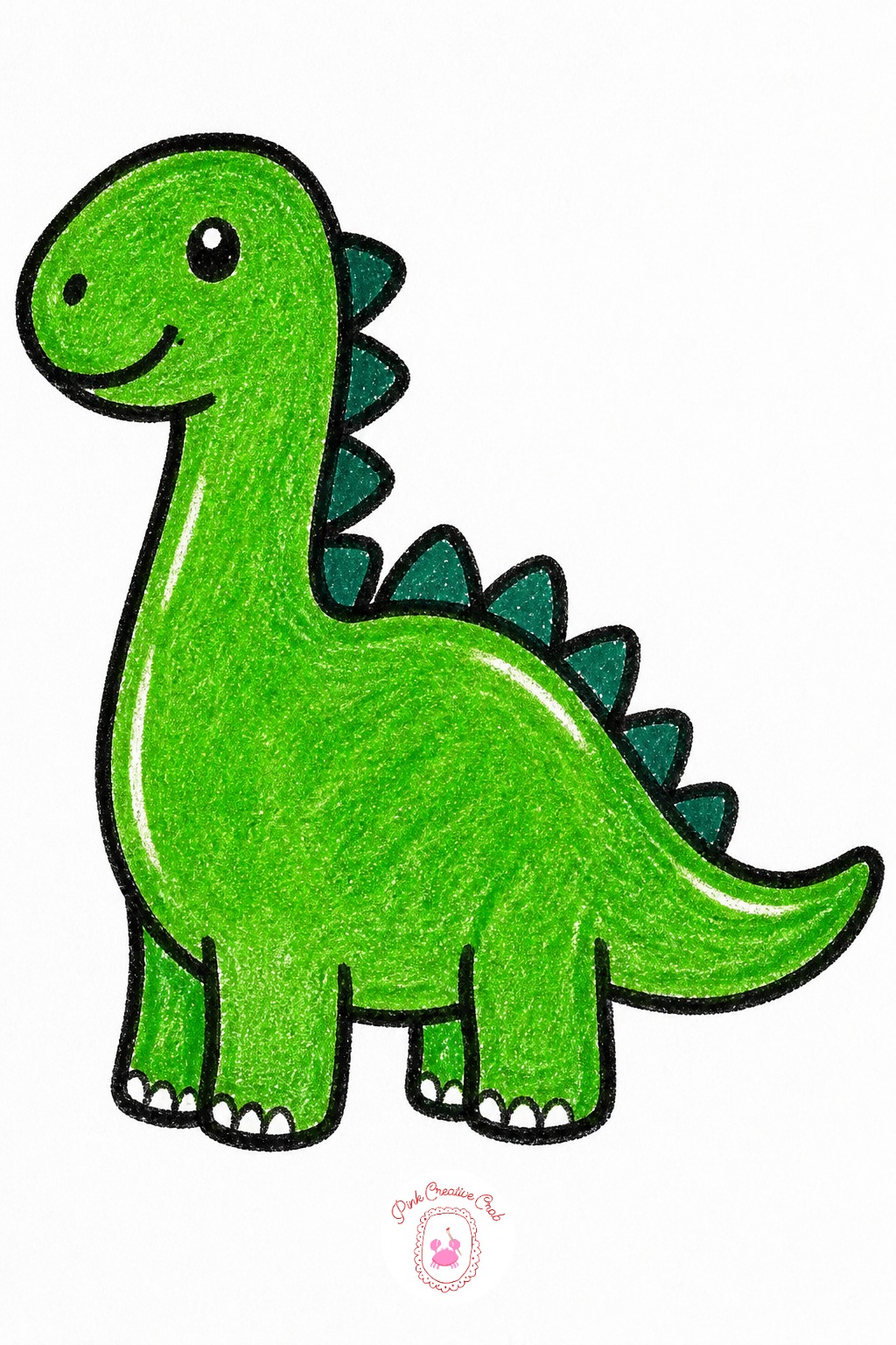 Friendly Dinosaur Silhouette — Build the dinosaur from three simple shapes: an oval body, a smaller oval head, and triangle spikes running down the back, all