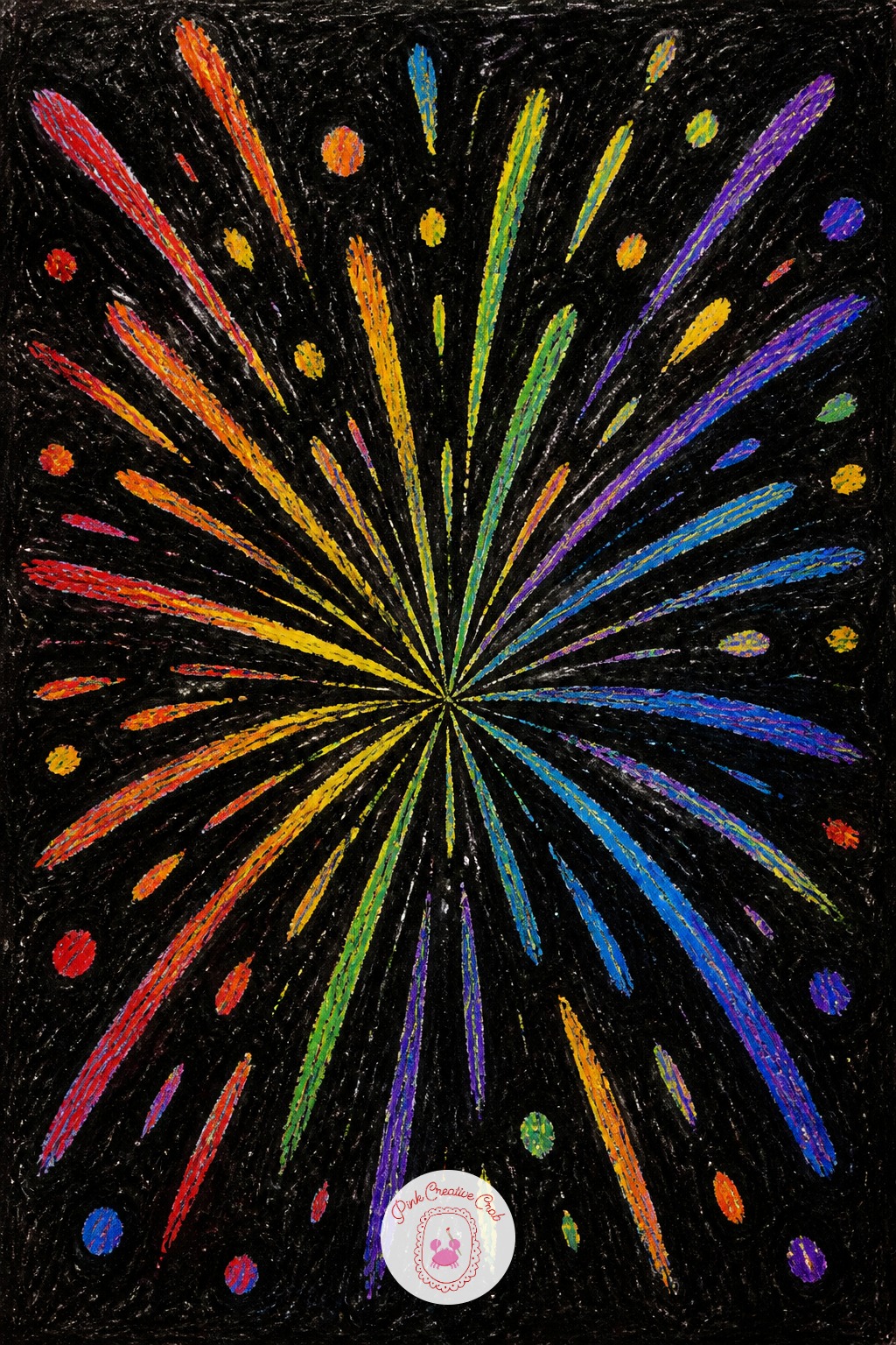 Scratch Art Firework Burst — First, cover a square of paper edge to edge in several bright crayon colors, pressing hard enough to leave a thick waxy layer with