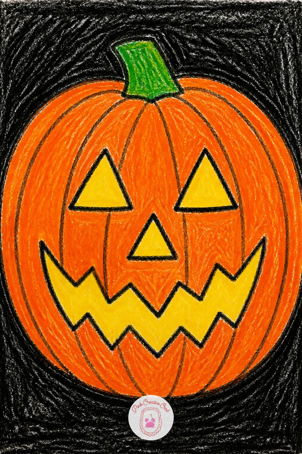 Jack-o-Lantern Face — Ten minutes draws one orange circle, a triangle nose, two triangle eyes and a jagged mouth, colored in fast and solid. Crayon drawing