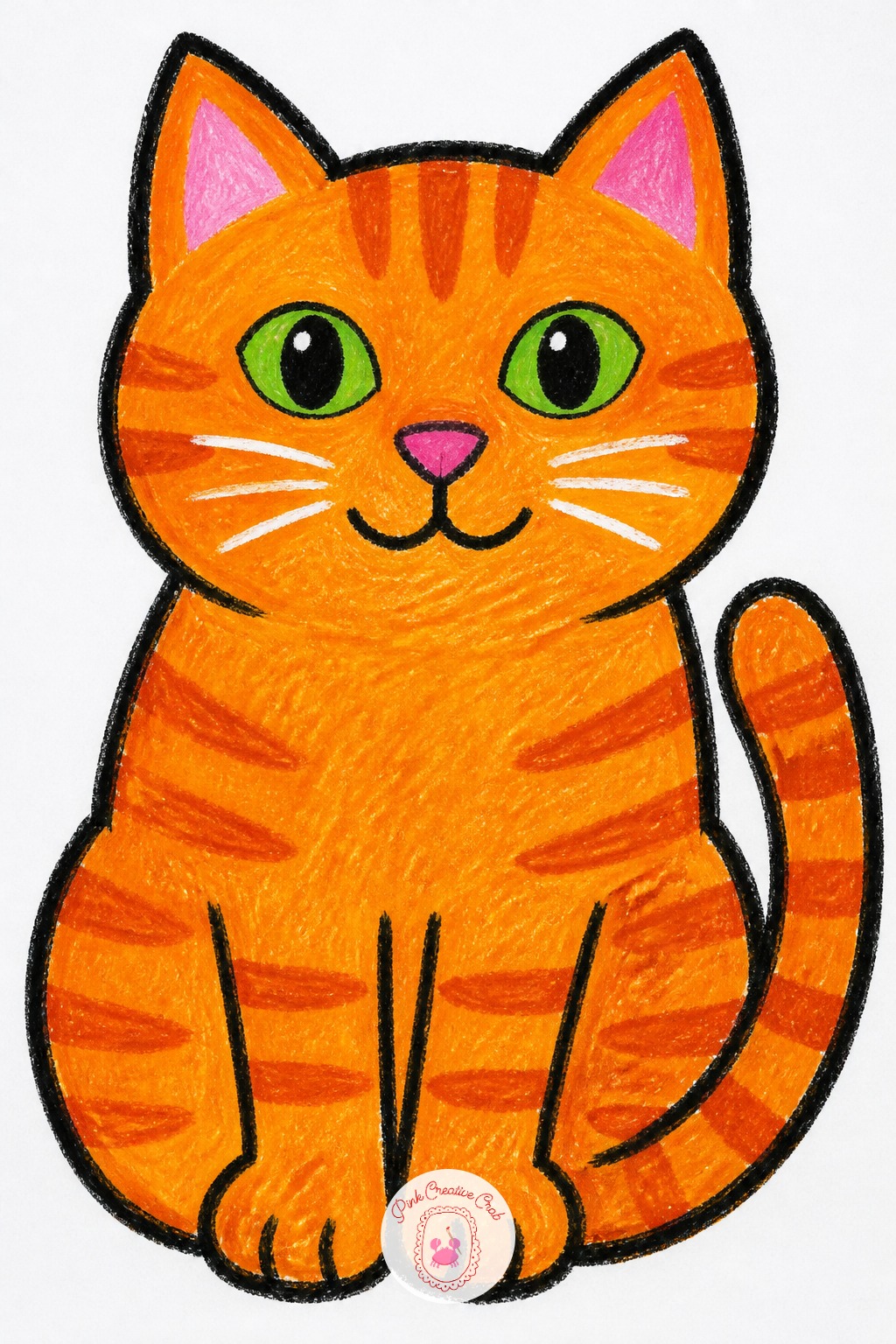 Striped Cat Portrait — Build the cat from one big triangle eared head shape and an oval body, keeping the whole outline one continuous bold black line before