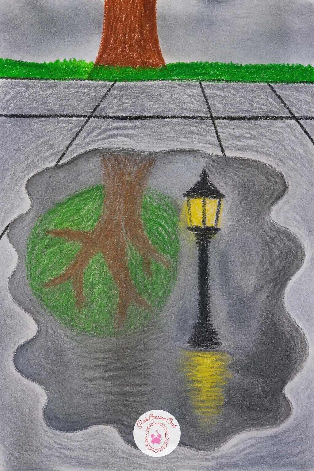 Rain Puddle Reflection — Blue and gray crayon pressed hard for the puddle shape resists a wash of darker gray or purple watercolor painted right over the top
