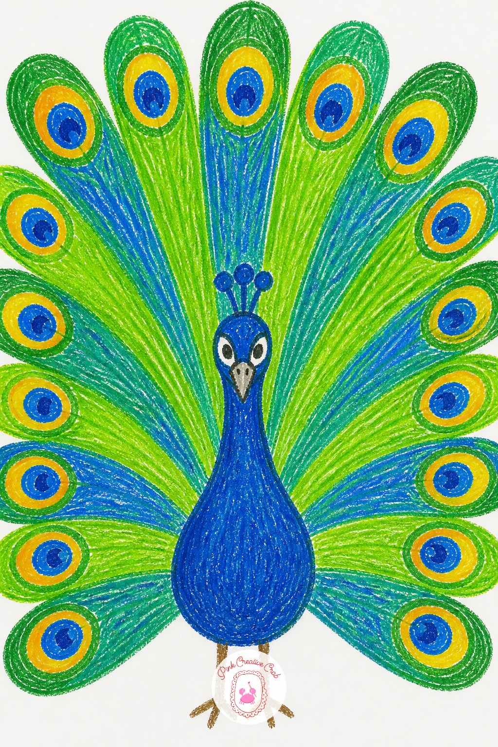 Peacock Tail Feathers — First, draw the peacock's body and long neck as one simple curved shape, small compared to the tail that comes next. Crayon drawing