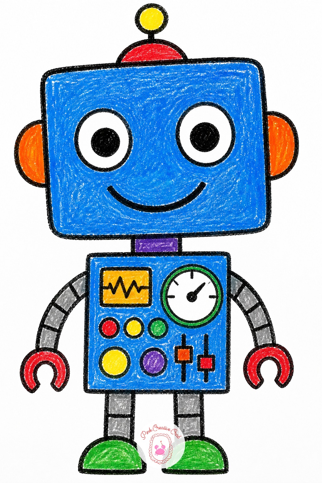 Big-Headed Robot Friend — Make the robot's head about half the width of its whole body, bigger than a human head would ever be, since an oversized head is what