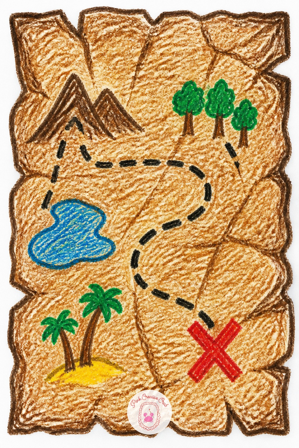 Crumpled Treasure Map — Crumple a sheet of paper into a tight ball, then flatten it back out before drawing on it, the creases give the map a worn, folded look