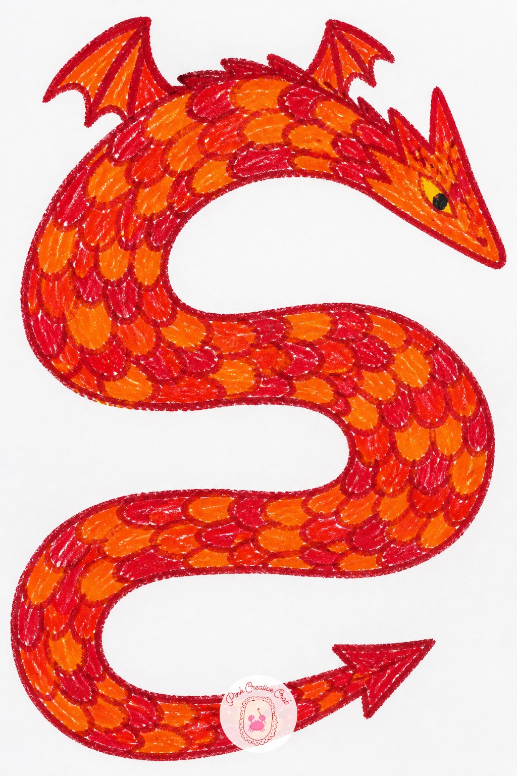 Scaled Dragon — Build the dragon from one long curved body shape, a triangular head with a short snout, and small wing shapes set high on the back, all drawn
