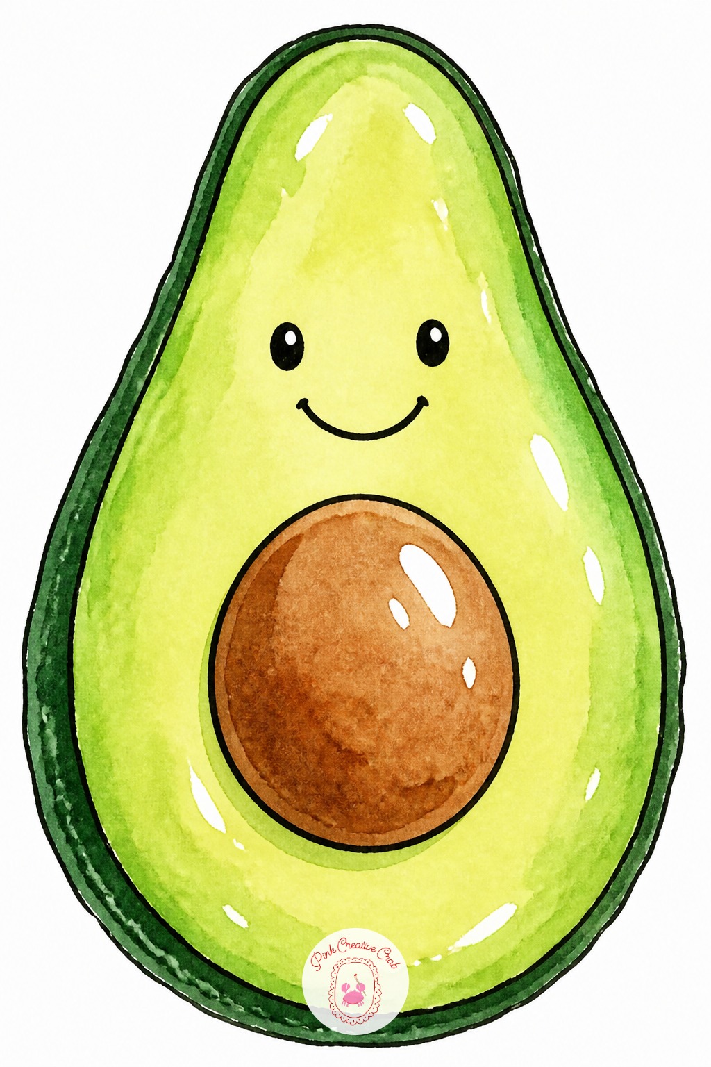 Happy Avocado Half — Dab the pit dry-brush style, almost no water on the brush, scrubbed over the pencil circle so the texture comes out grainy rather than