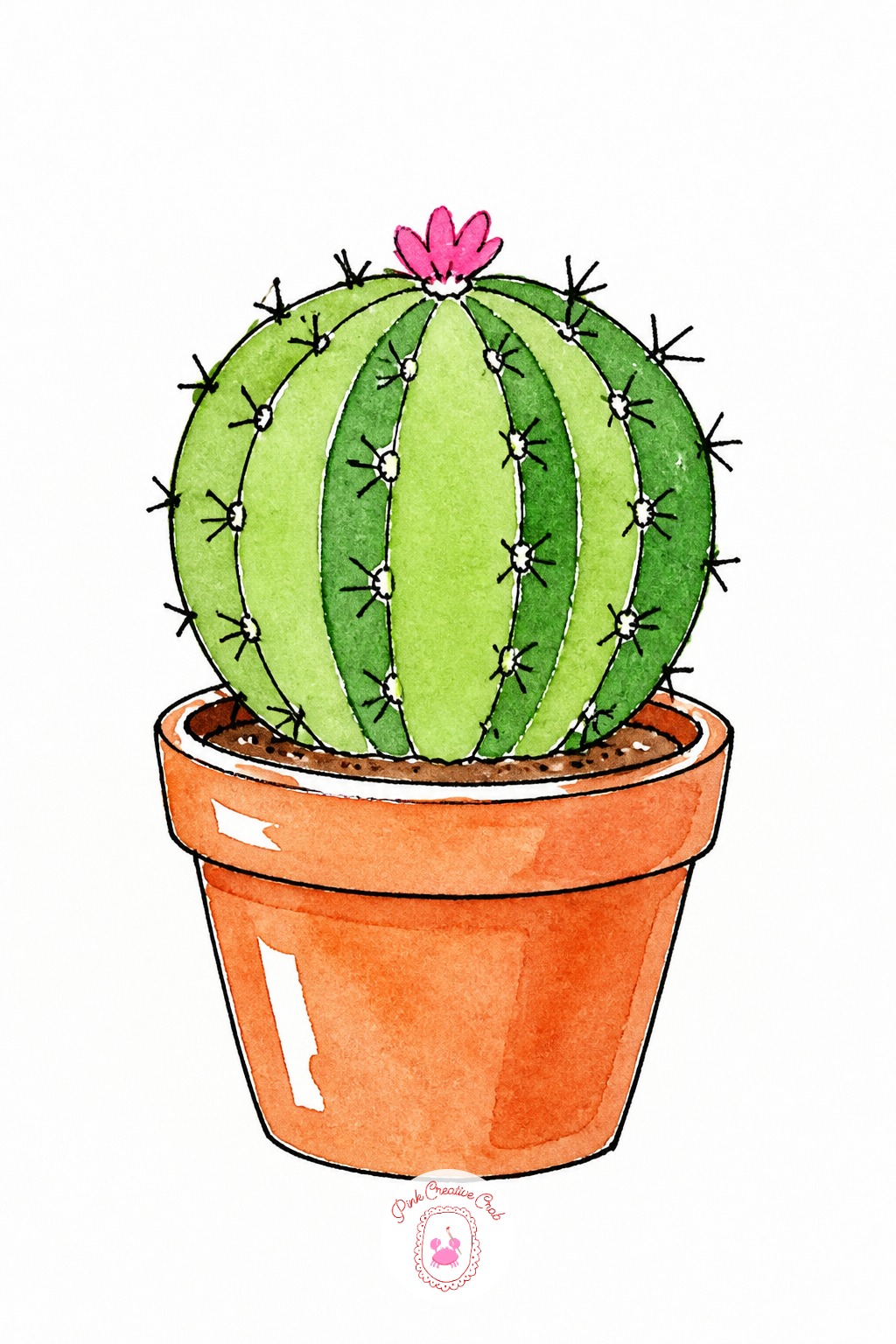 Mini Potted Cactus — The pot usually ends up wider than the cactus can support, tipping the whole doodle visually. Watercolor doodles