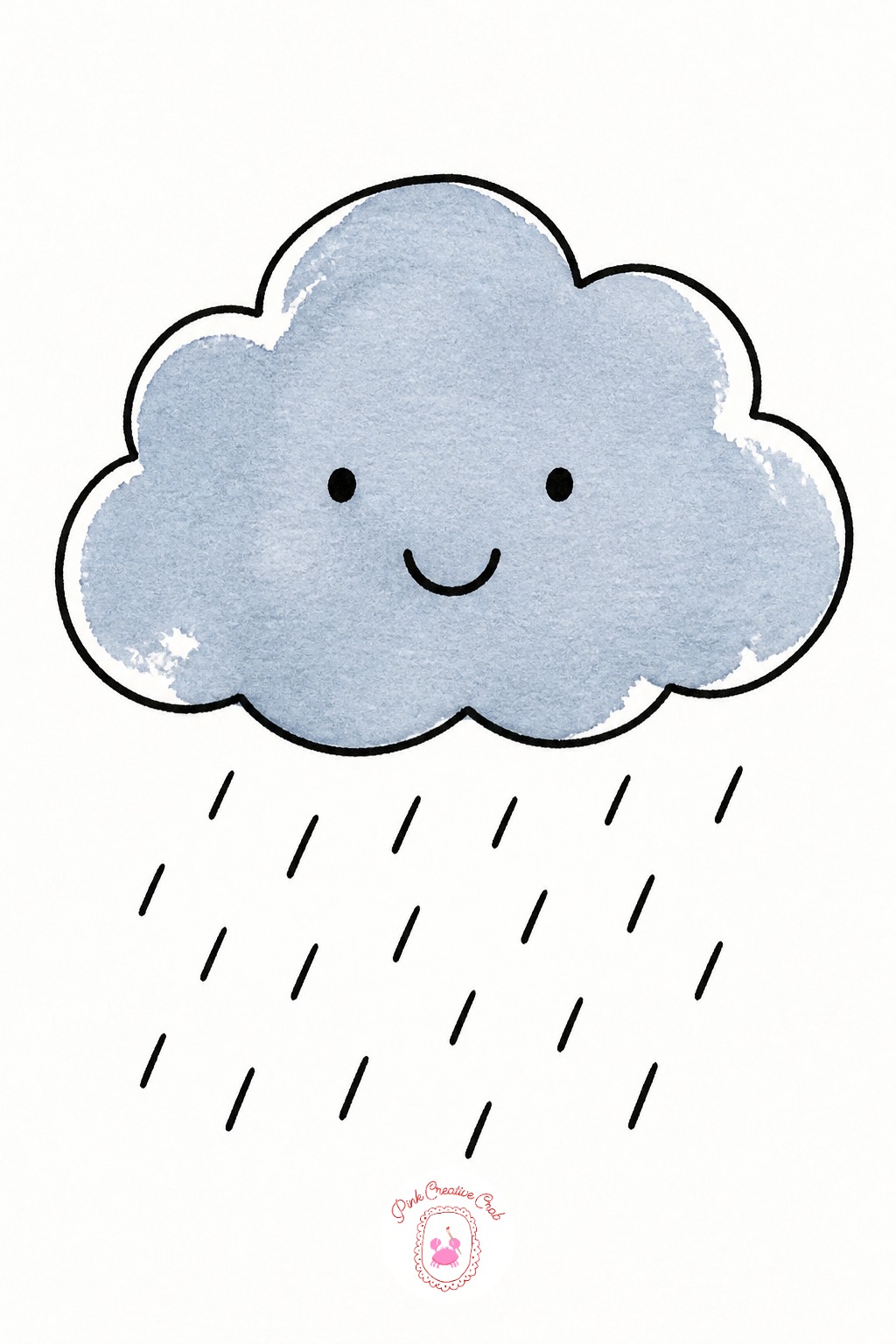 Smiling Cloud With Rain — Ten minutes covers the whole thing: a soft pencil outline, pen over the bumps of the cloud, two dot eyes, a curved smile, then one