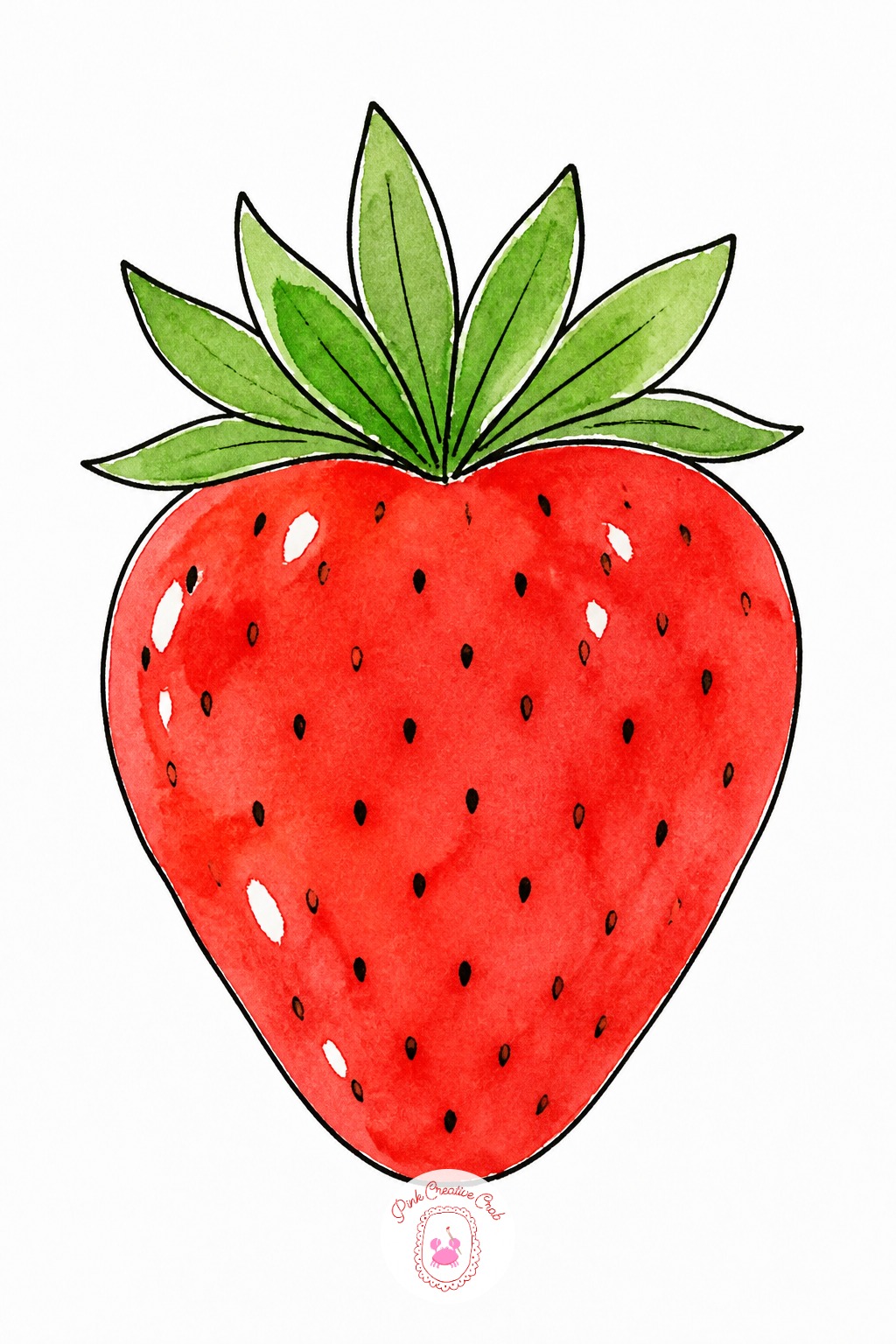 Strawberry With Leaves — Once the basic red dab with pen-drawn seed dots works, change the season next time: a half-eaten strawberry, or one still green and